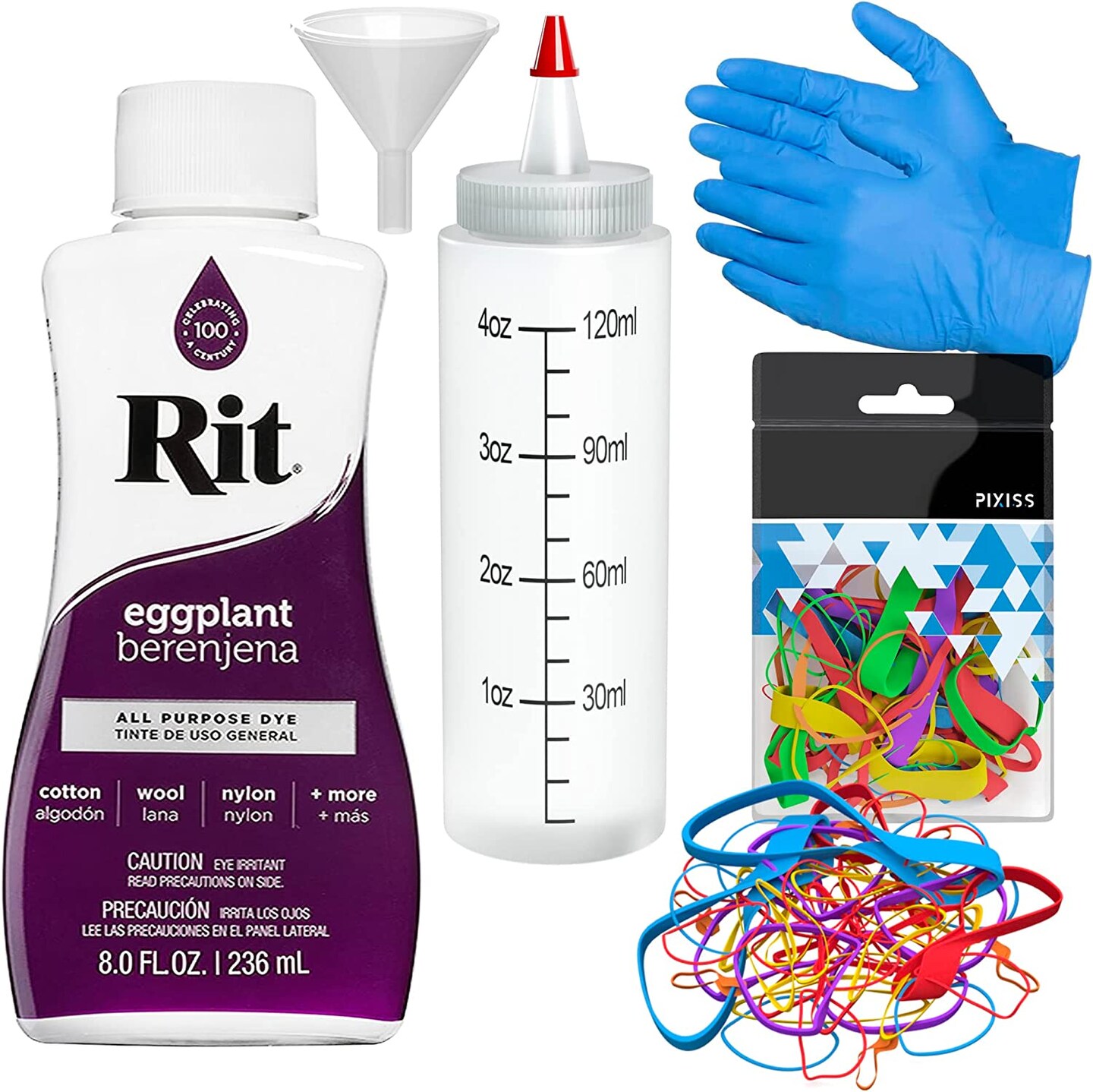 Rit Dye Liquid Eggplant All-Purpose Dye 8oz, Pixiss Tie Dye Accessories Bundle