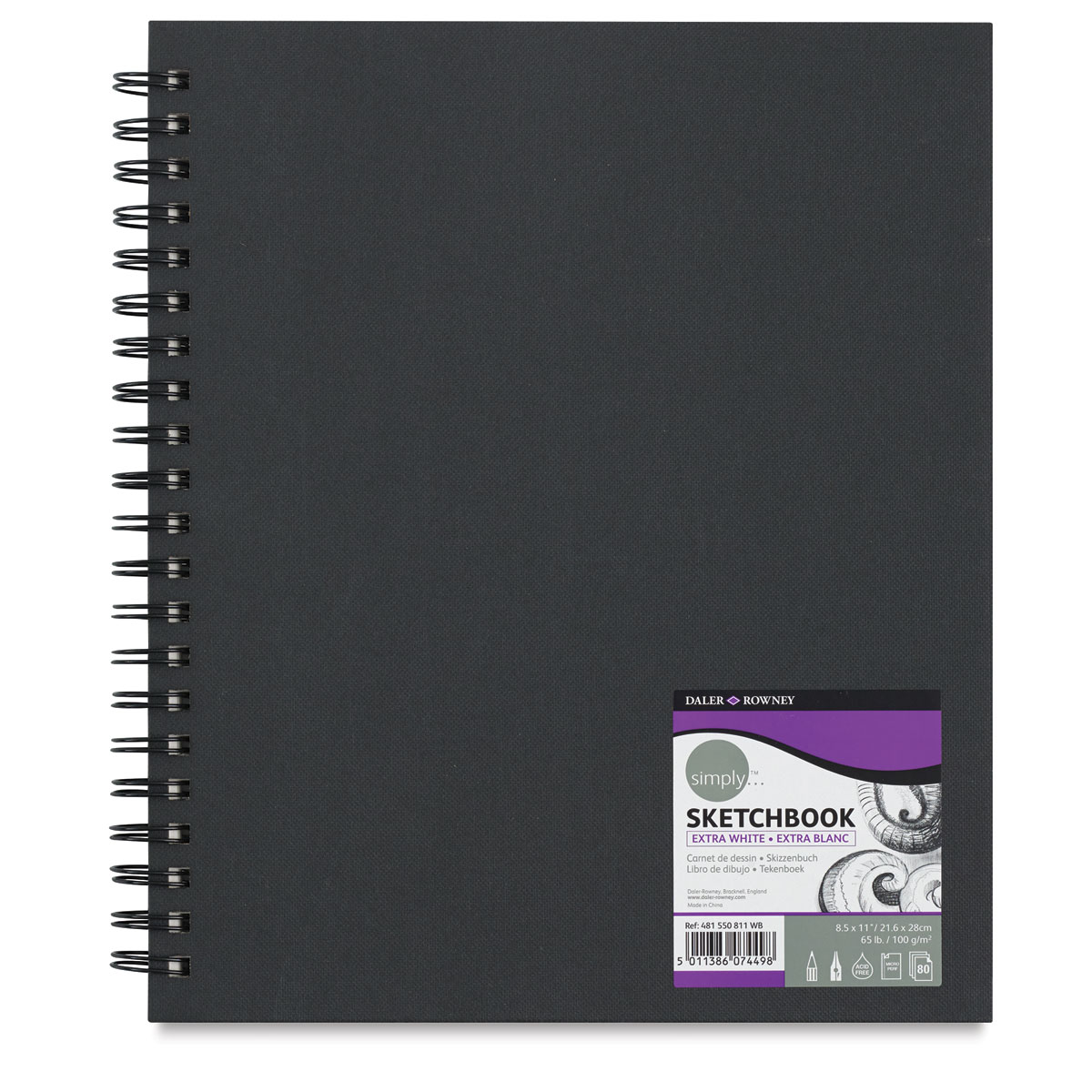Daler-Rowney Simply Sketchbook - 11&#x22; x 8-1/2&#x22;, Extra White, Wirebound, 80 Sheets