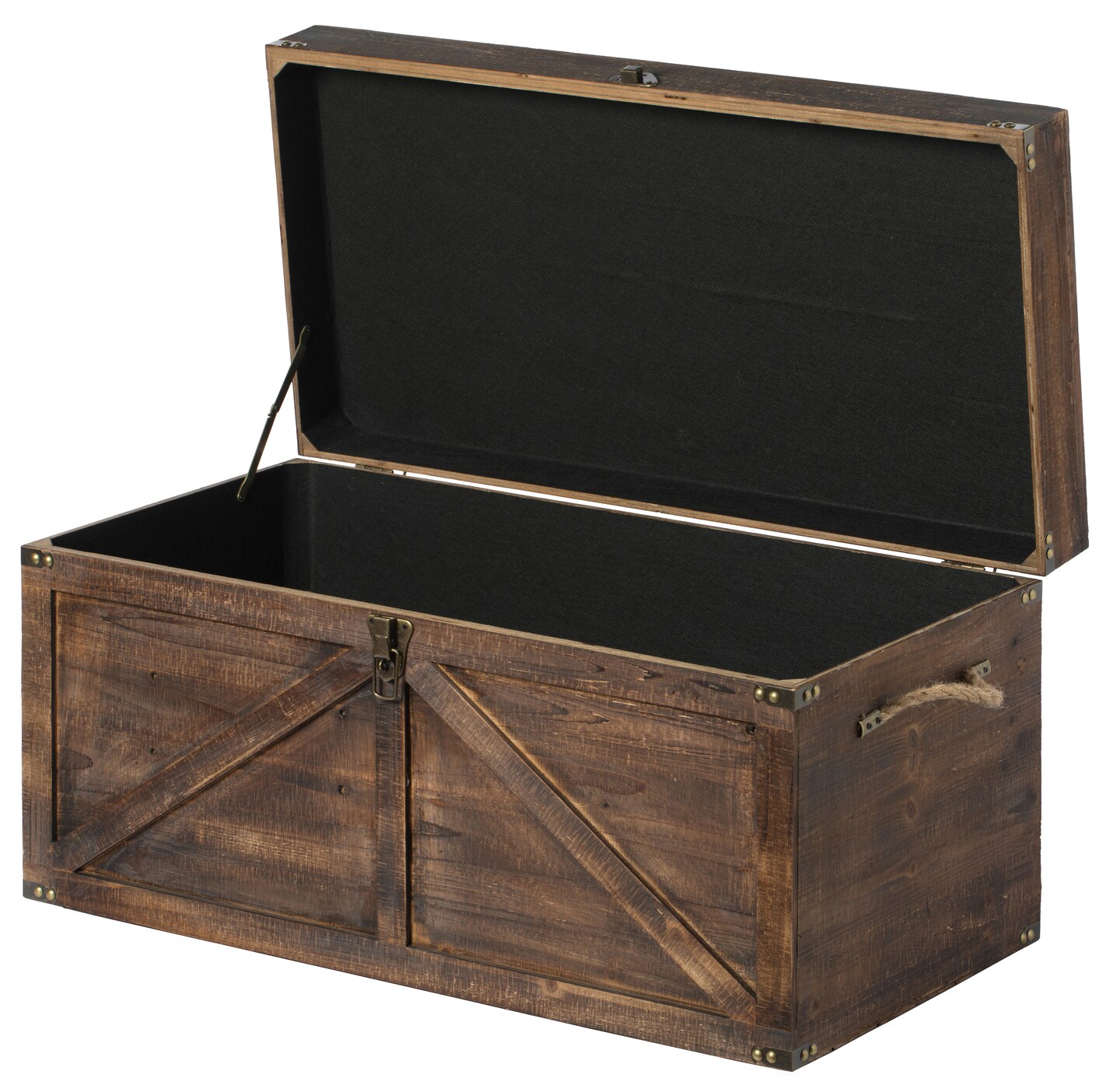 Brown Large Wooden Lockable Trunk Farmhouse Style Rustic Design Lined Storage Chest with Rope Handles