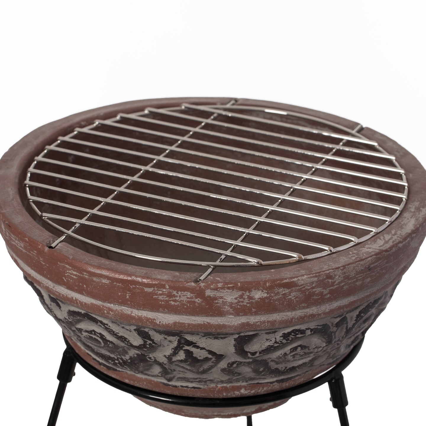 Outdoor Small Red and Gray Clay Grill Accent Design Charcoal Burning Fire Pit with Sturdy Metal Stand, Barbecue, Cocktail Party, Family Gathering, Cozy Nights Fire Pit
