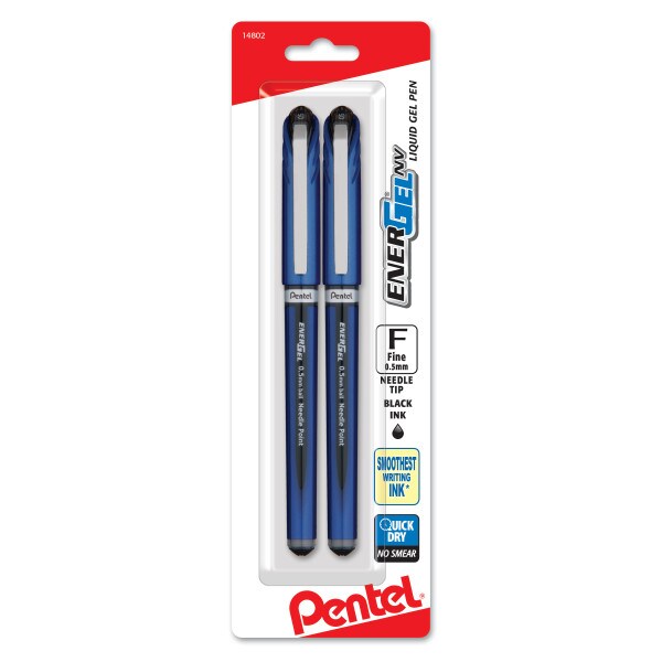EnerGel NV Liquid Gel Pen, (0.5mm) Needle Tip, Fine Line Capped, Black Ink 2-Pk