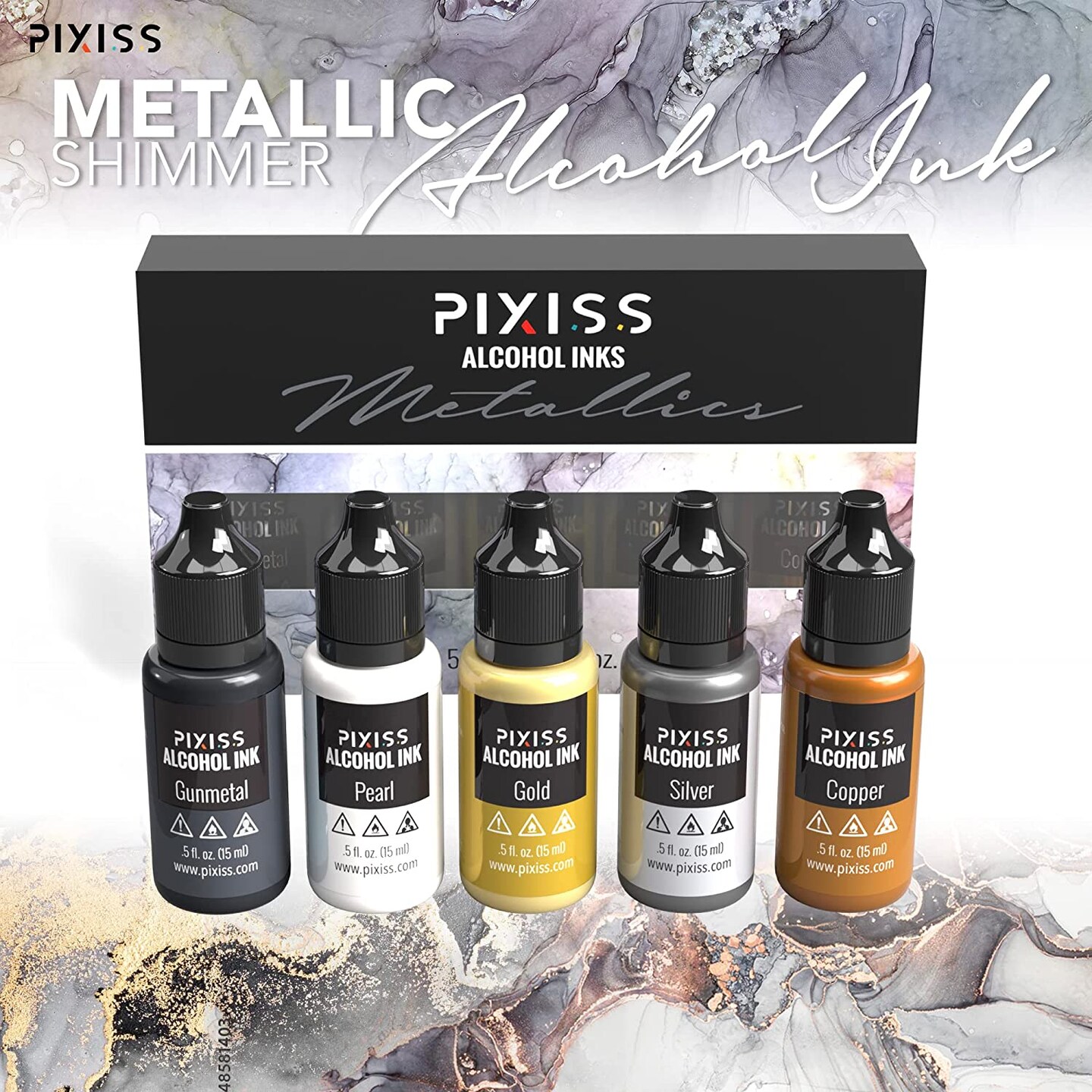 Pixiss Metallics Alcohol Inks Set, 5 Highly Saturated Metallic Alcohol Inks for Resin