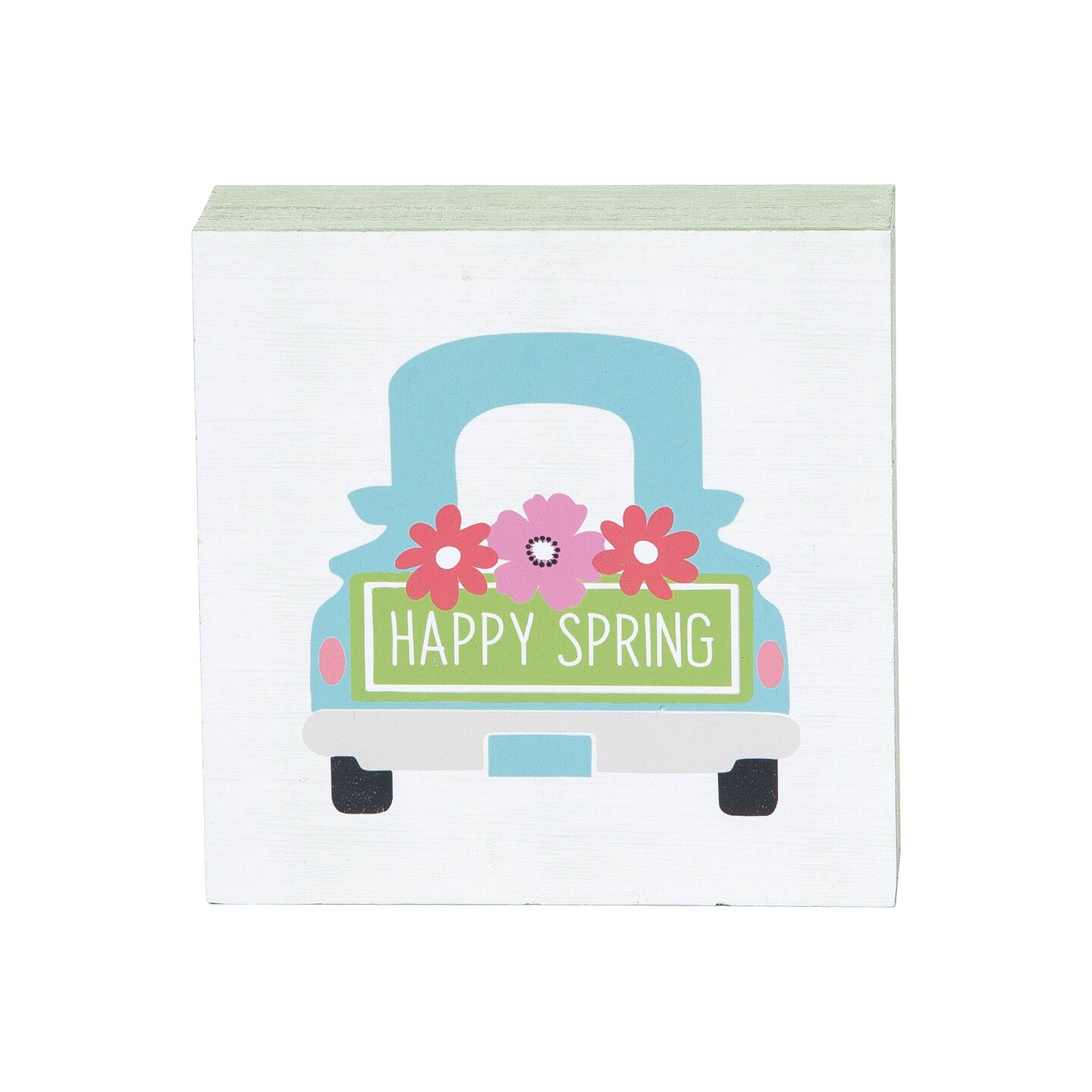 4.75&#x22; Springtime &#x22;Happy Spring&#x22; Pickup Truck w/ Floral Flowers Decorative Wood Single Centerpiece Block