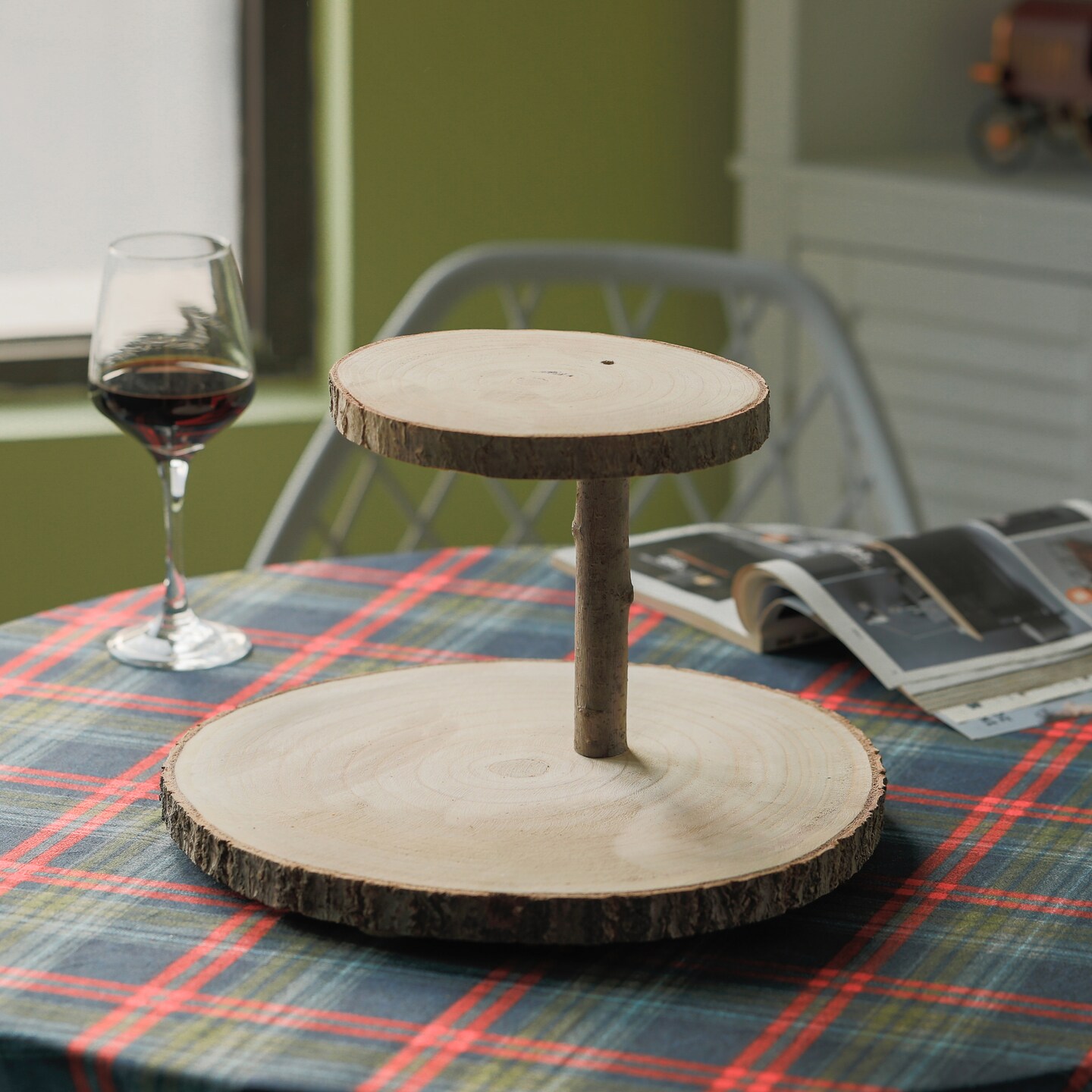 Two Tier Natural Wood Color Tree Bark Server Tray with Rustic Appeal, Two Sizes Trays