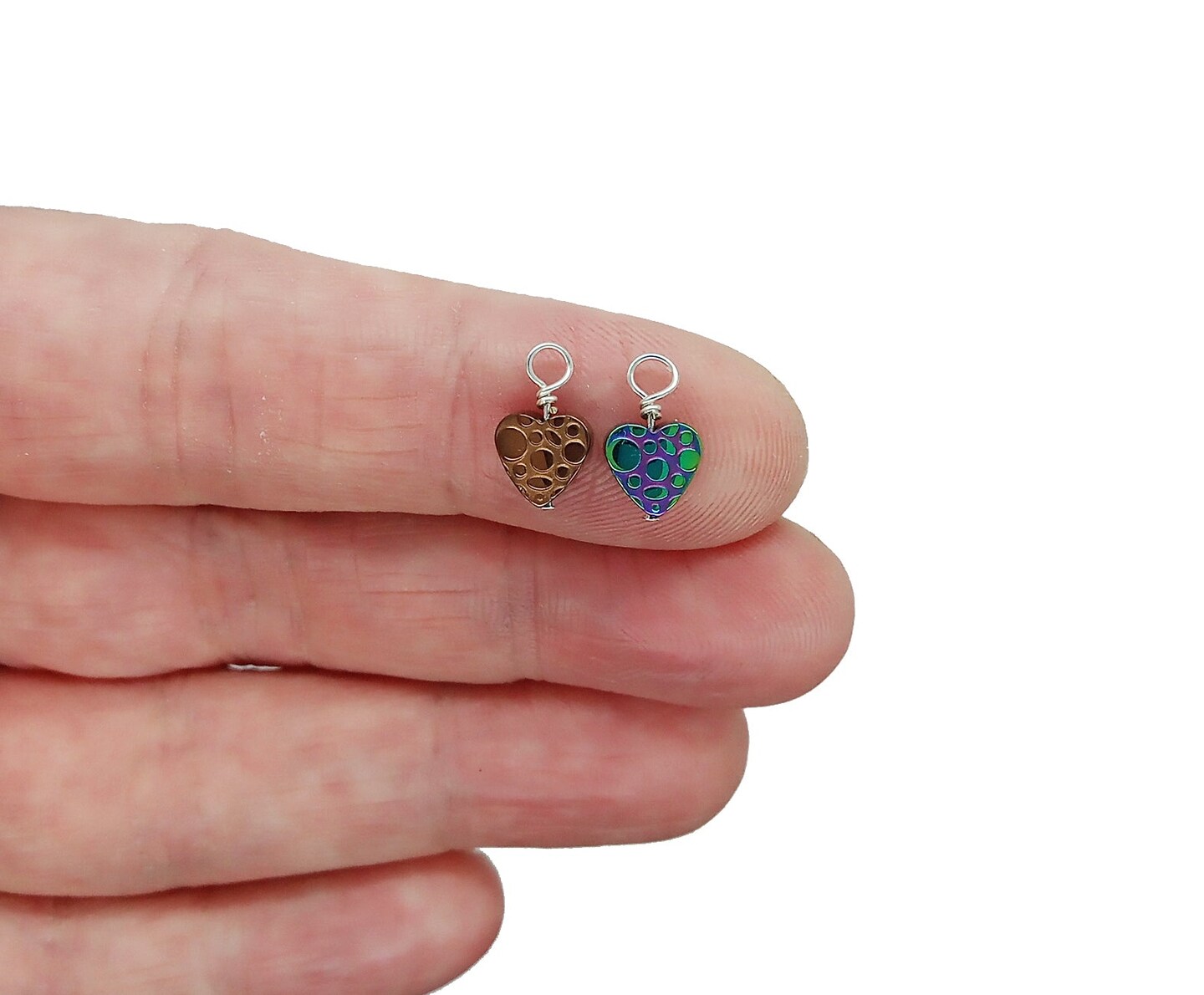 Dotted Heart Dangle Charms, Tiny Metallic Hearts with Polka Dots, Mix of 10 Charms, Adorabilities