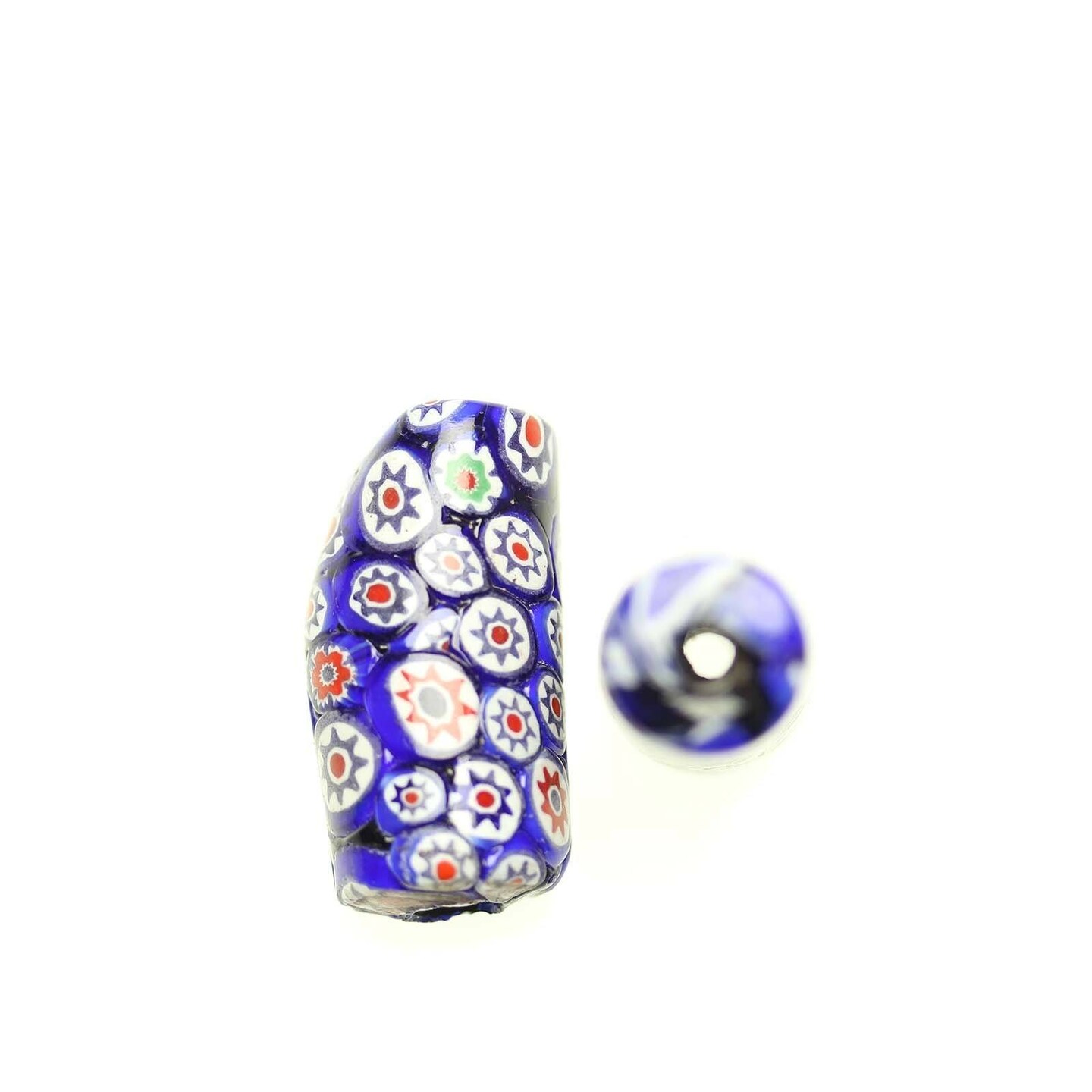 Blue & White Shiny Italian Murano Millefiori Glass Fabricated in India by Hand 15x34mm