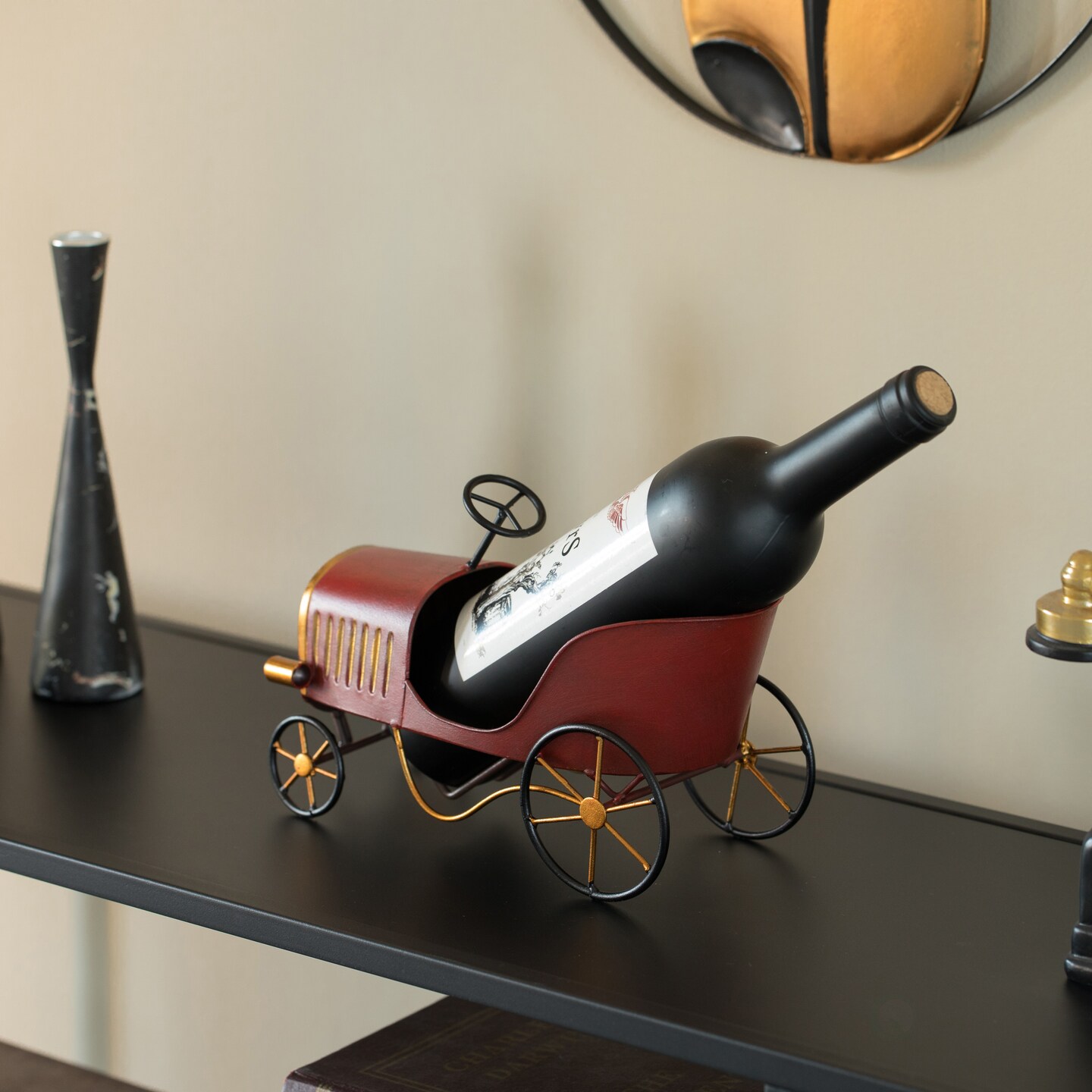 Metal Figurine Car Shaped Vintage Wine Single Bottle Holder Stand Rack