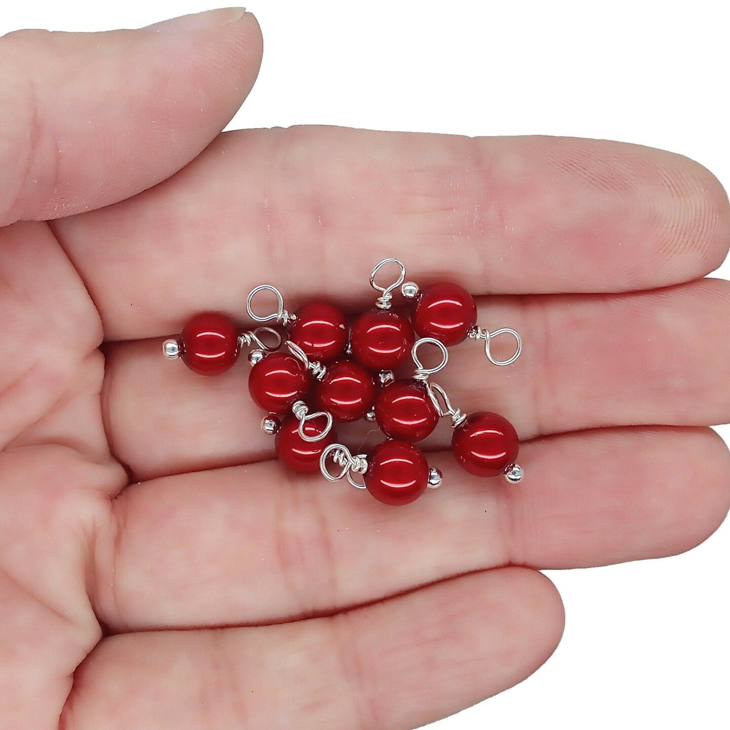 Crystal Pearl Bead Charms, Small Red 6mm Dangles, 10 Glass Bead Drops, Adorabilities