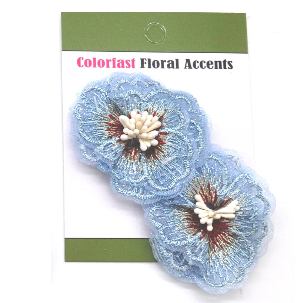 Belagio Colorfast Floral Accents, 2" Diameter, Embroidered Flowers, 2 Piece Pack, Light Blue