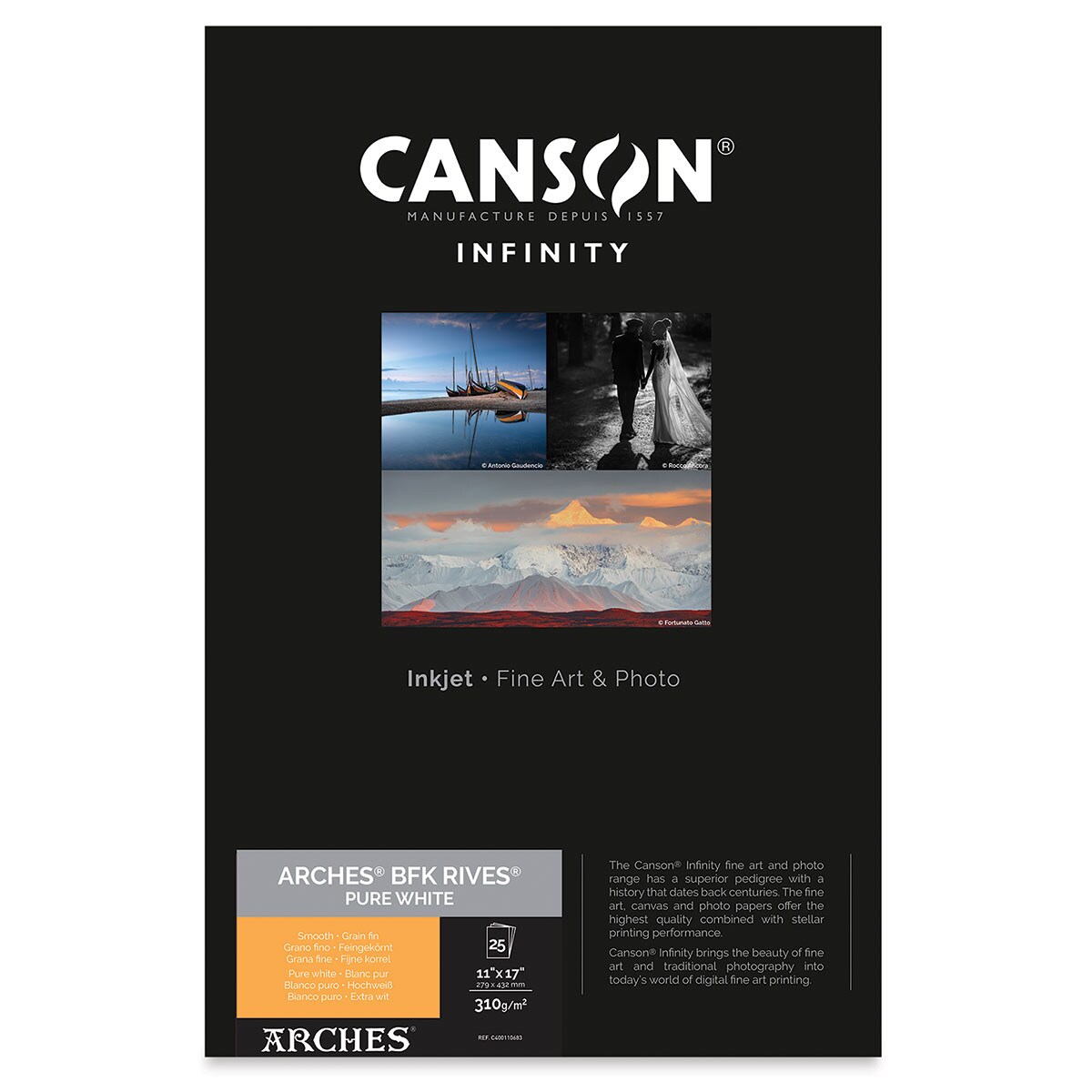Canson Infinity Arches BFK Rives Inkjet Fine Art and Photo Paper - 11&#x22; x 17&#x22;, Pure White, 310 gsm, Package of 25