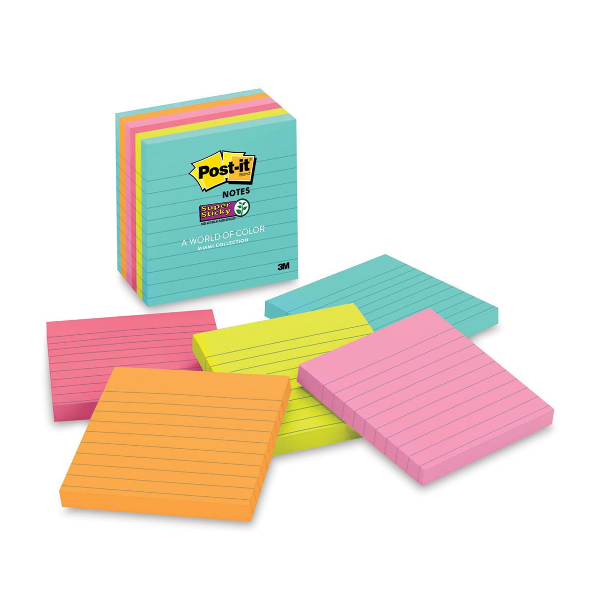 Post-it Super Sticky Notes - Pkg of 6, 4" x 4", Supernova Neons Collection, Lined