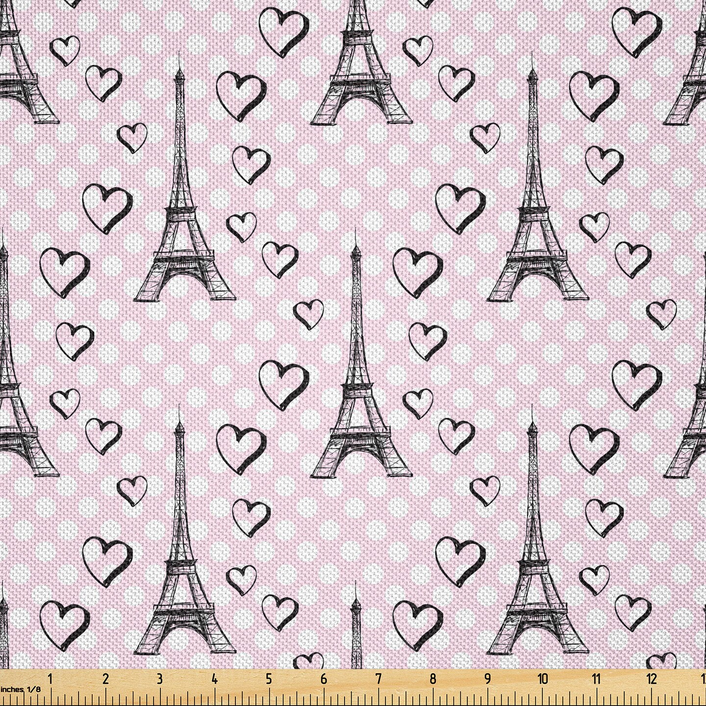 Ambesonne Eiffel Fabric by The Yard, Polka Dot Pattern with Sketchy Eiffel Tower and Romantic Hearts, Decorative Satin Fabric for Home Textiles and Crafts, 1 Yards, Pale Pink Black White