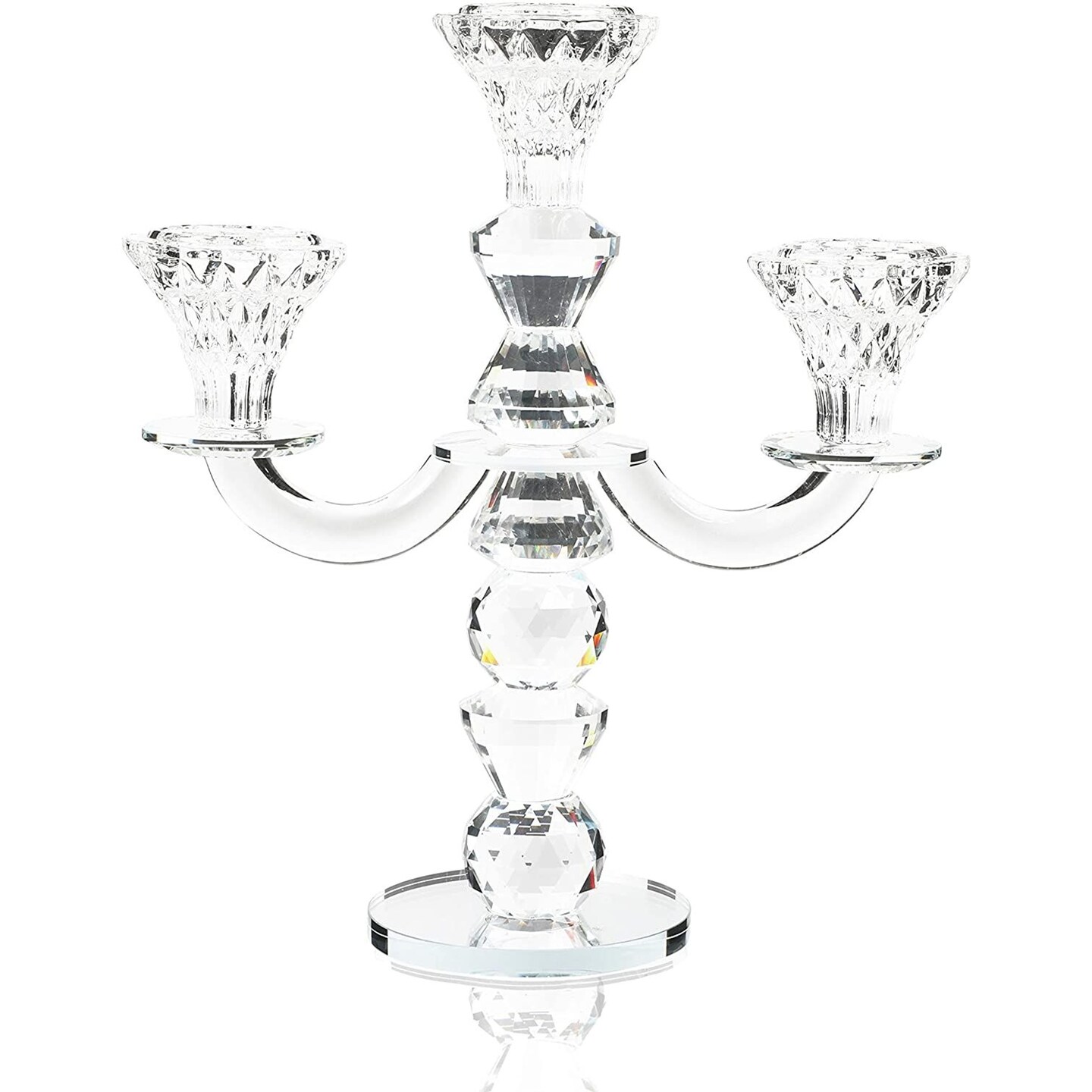 Glass Candle Holders, 3-Armed Crystal Candlesticks (8.5 x 10 x 3.5 In)