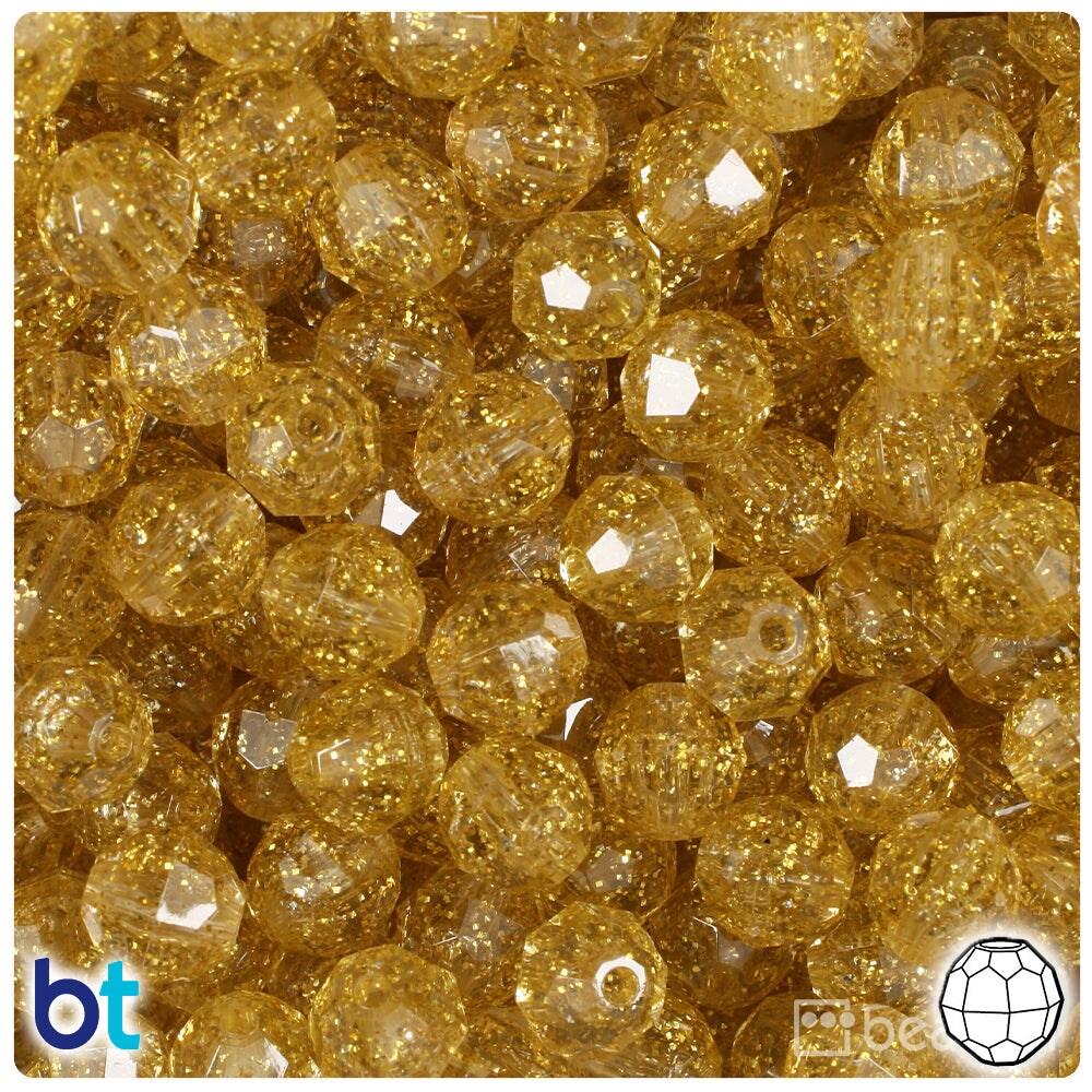 BeadTin Gold Sparkle 10mm Faceted Round Plastic Craft Beads (225pcs)