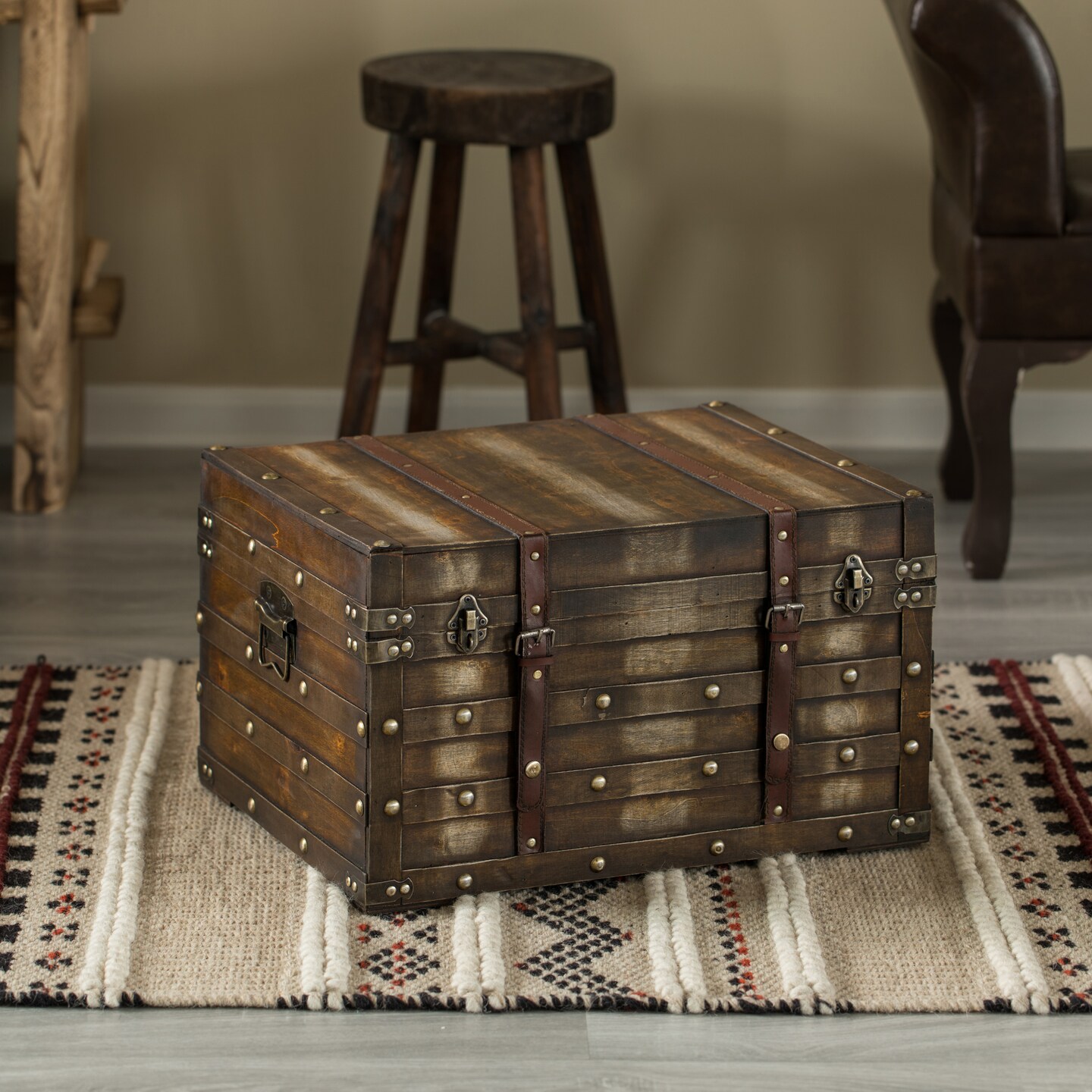 Wooden Brown Storage Trunk with Faux Leather Straps and Handles