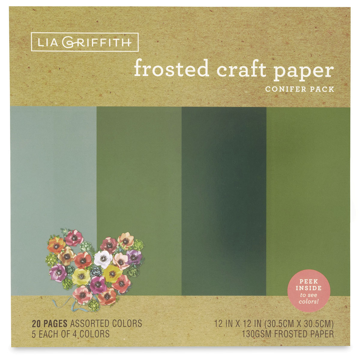 Lia Griffith Frosted Craft Paper - Conifer, 12&#x22; X 12&#x22;, 20 Sheets, 130 gsm