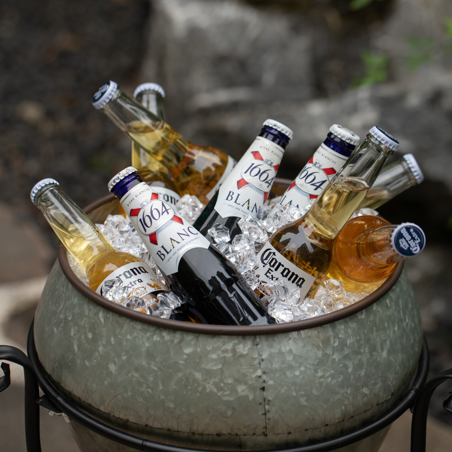 Silver Galvanized Metal Beverage Cooler Tub with Liner and Stand