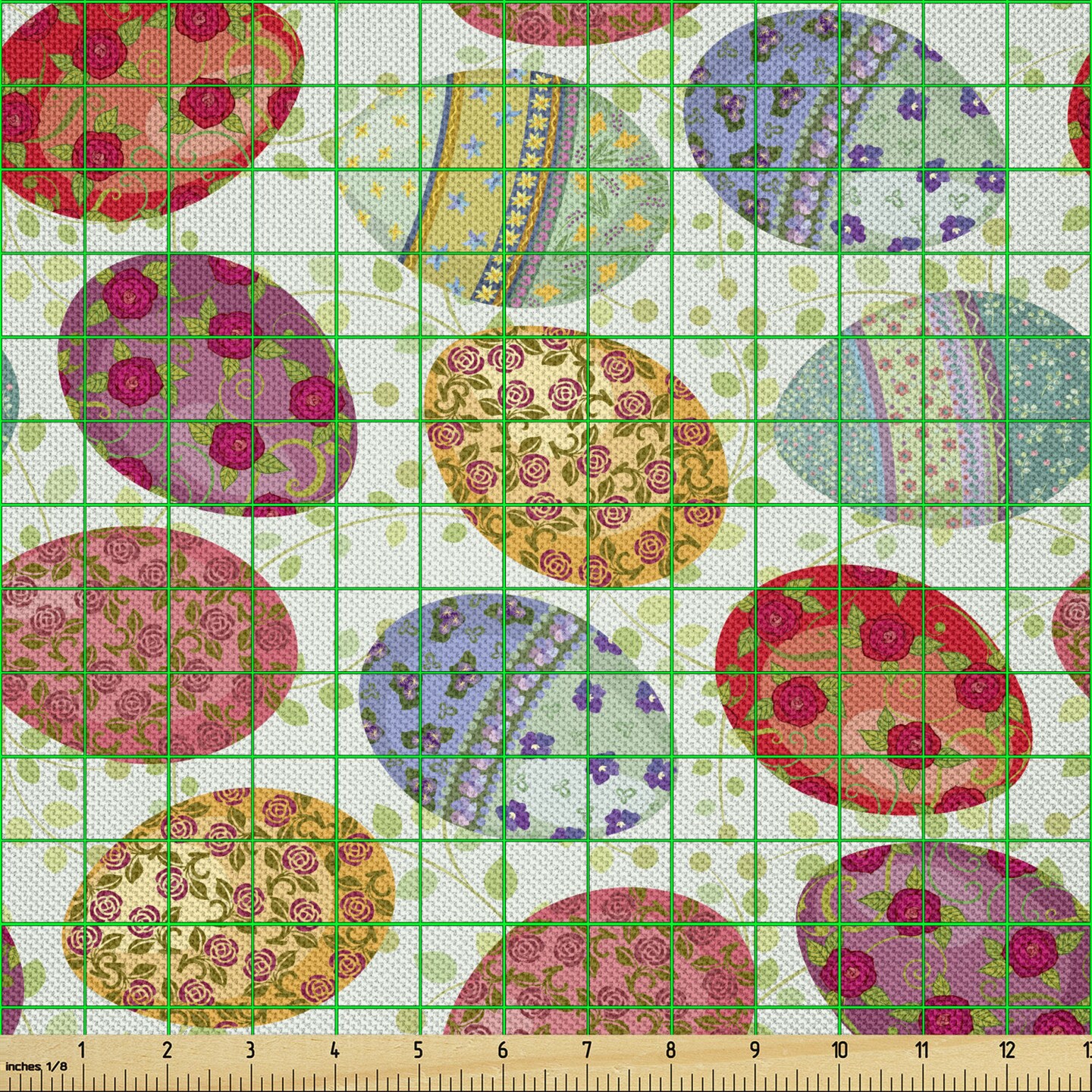 Ambesonne Easter Fabric by The Yard, Traditional Eggs Painted with Flowers Vintage Composition on Green Leafy Branches, Decorative Satin Fabric for Home Textiles and Crafts, 1 Yards, Multicolor