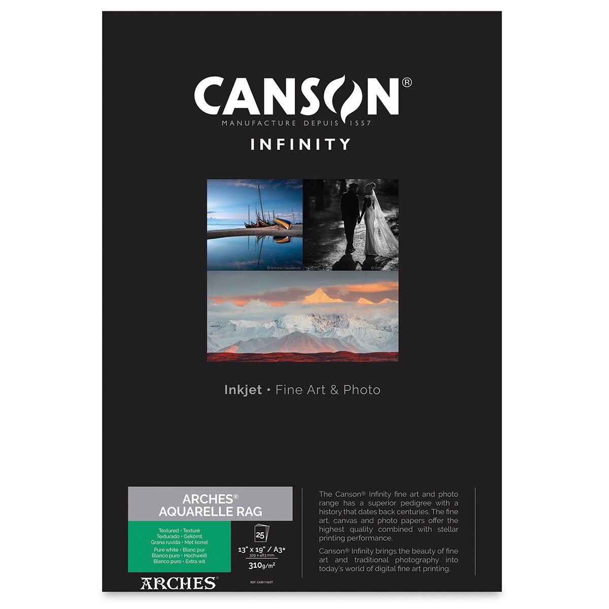 Canson Infinity Arches Aquarelle Rag Inkjet Paper - 13&#x22; x 19&#x22;, A3+, 310 gsm, Package of 25