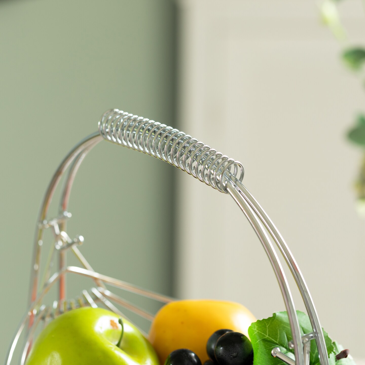 2 Tier Metal Fruit Holder Swing Basket for Kitchen | Detachable Countertop Vegetables Storage Organizer with Display Hammock Stand for Farmhouse, Living Room, Dining Room