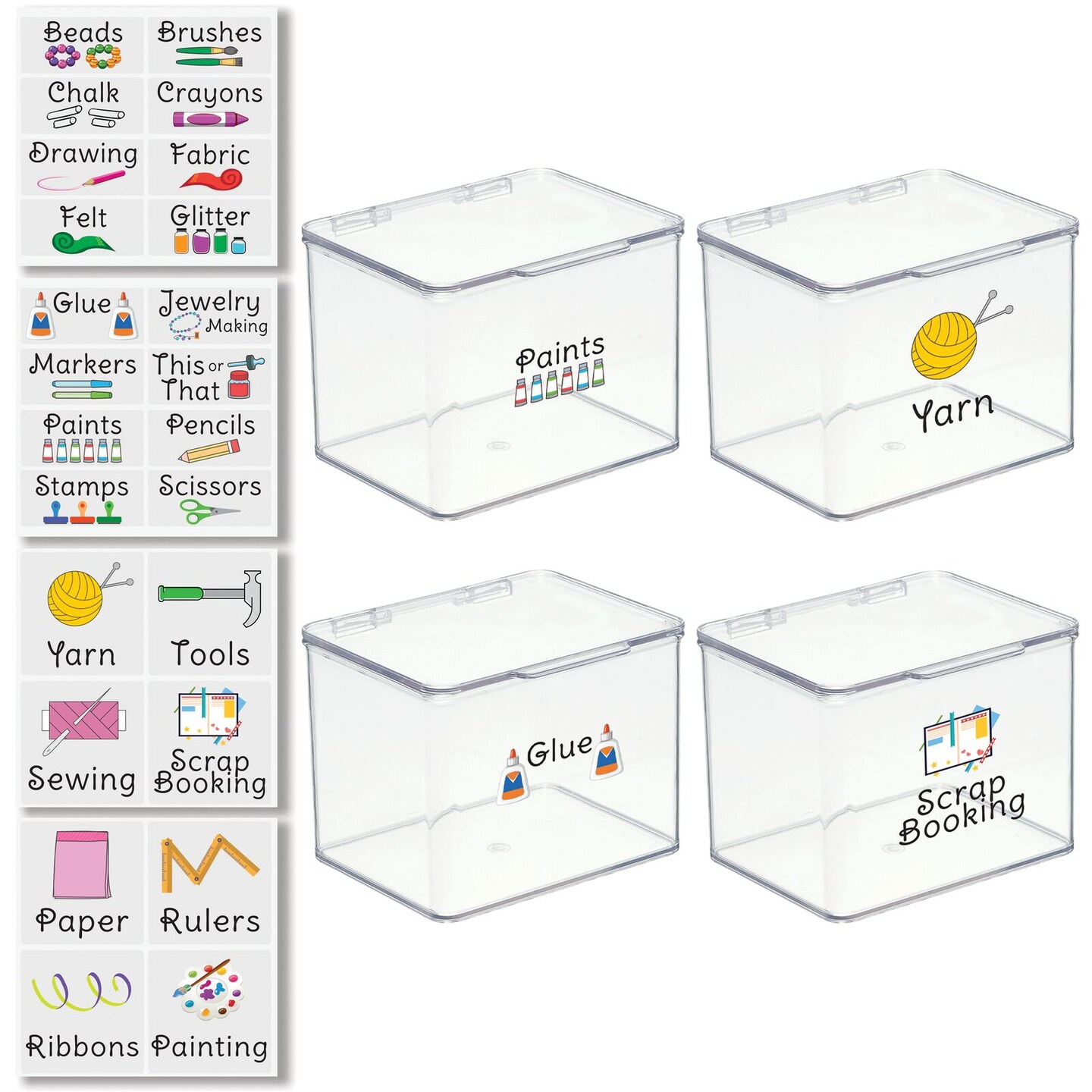 mDesign Stackable Plastic Craft, Sewing Storage Box, 4 Pack + 32 Labels