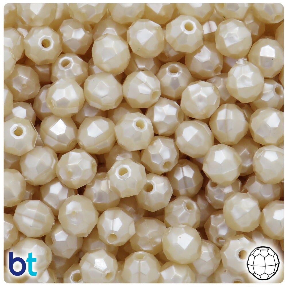 BeadTin Natural Pearl 10mm Faceted Round Plastic Craft Beads (225pcs)