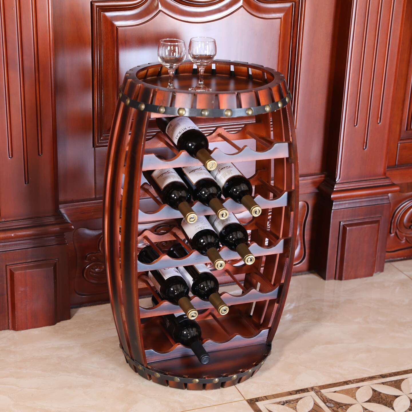 Rustic Barrel Shaped Wooden Wine Rack for 23 Bottles