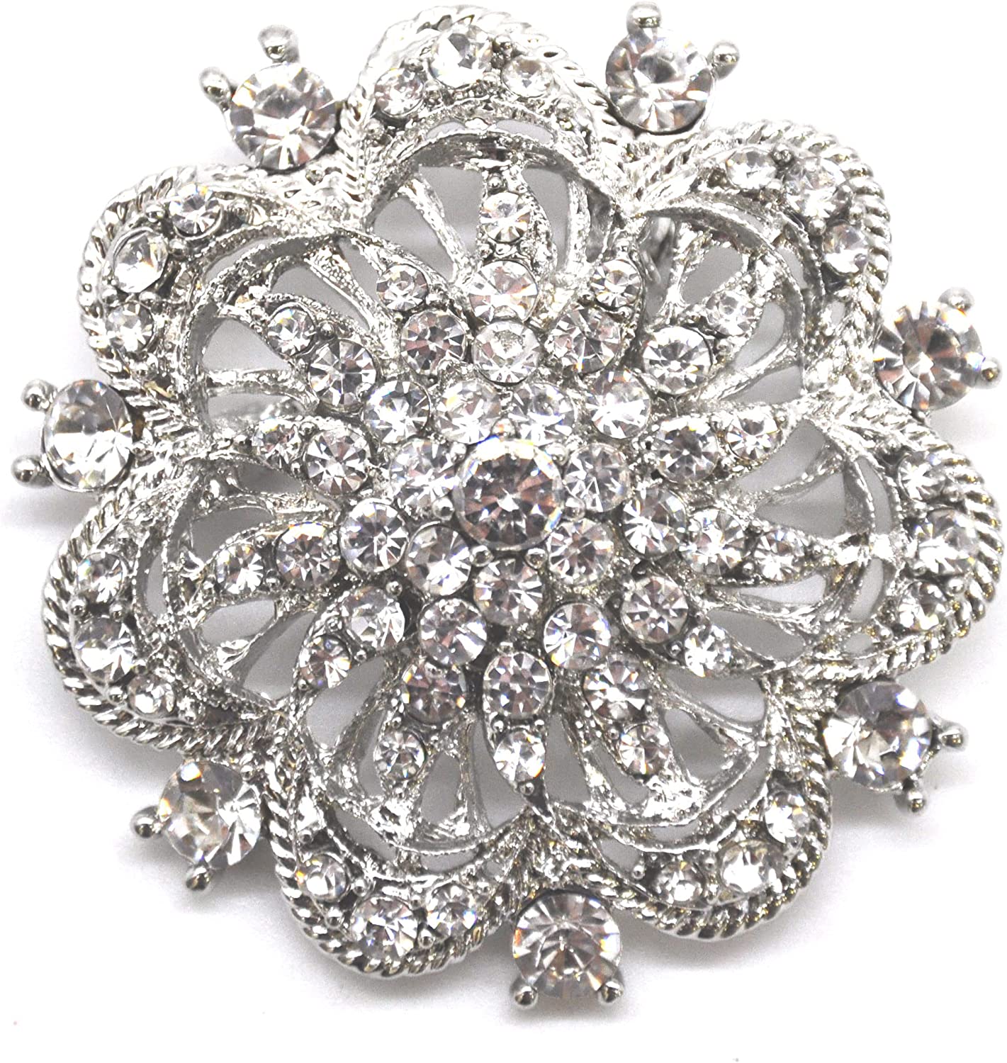 Belagio Rhinestone Brooch, 2" Diameter, 1 Piece, Royal Flower, Silver/Crystal