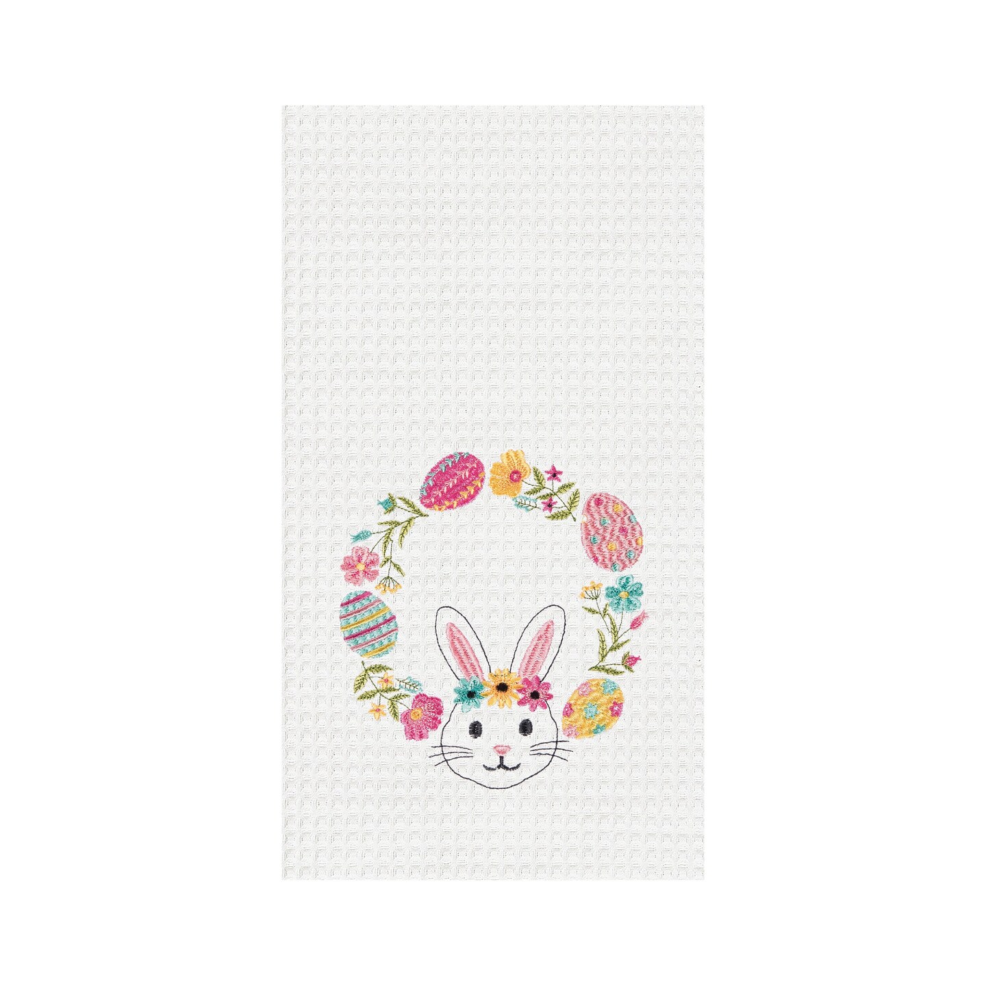 Bunny Egg Wreath Embroidered Waffle Weave Kitchen Towel