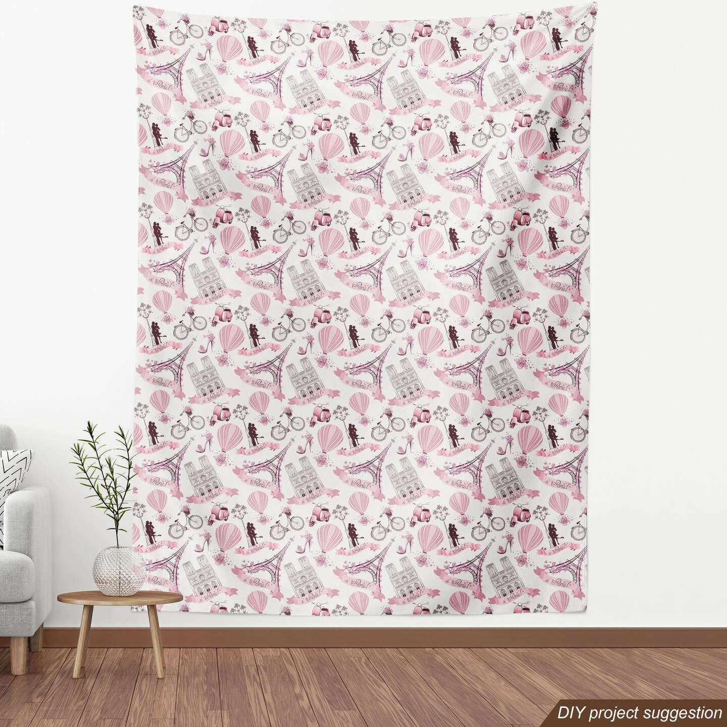 Ambesonne Paris Fabric by The Yard Valentines Day Theme with Eiffel Kissing Couple Hot Air Balloon Concept Decorative Material for Paris Party Decorations Outdoor &#x26; Indoor Furnishing 1 Yard Pink Rose