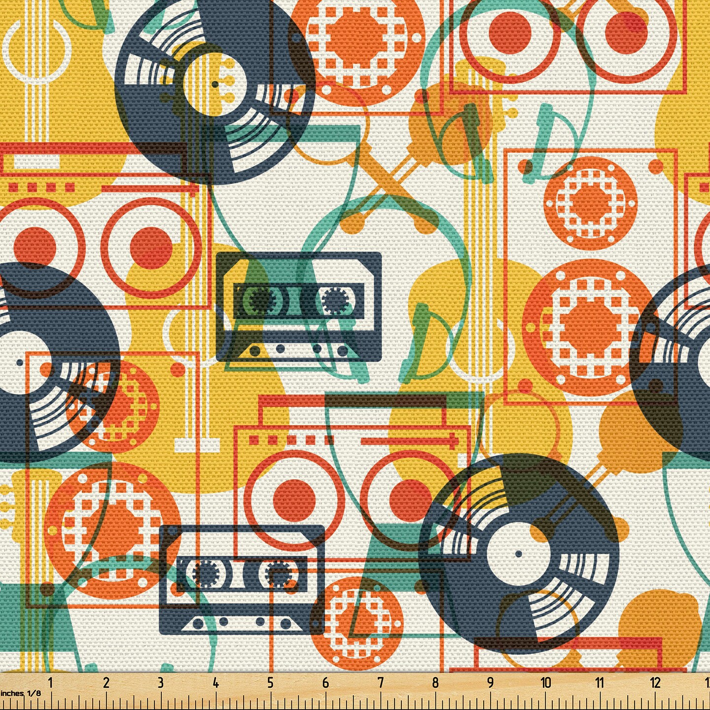 Ambesonne Music Fabric by The Yard, Pattern with Musical Instruments in Flat Design Style Cassette Radio Vinyl Nostalgic, Decorative Fabric for Upholstery and Home Accents, 5 Yards, Yellow Grey