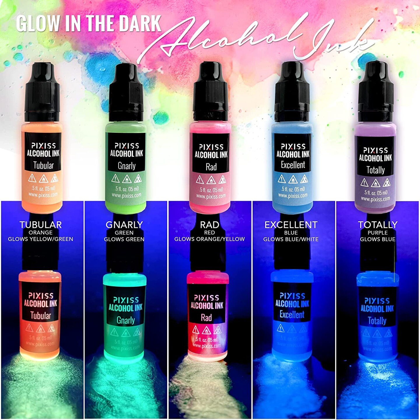 Pixiss Glow In The Dark Alcohol Inks Set, 5 Highly Saturated Glow In The Dark Inks
