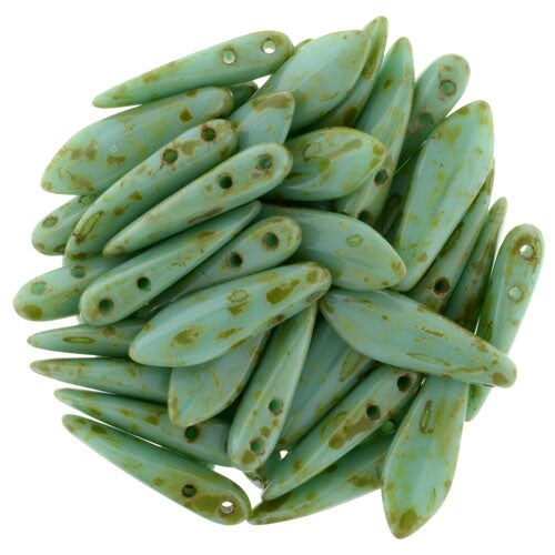 Czechmate 16mm X 5mm X 3mm Dagger Glass Czech Two Hole Bead, Opaque Turq Picasso