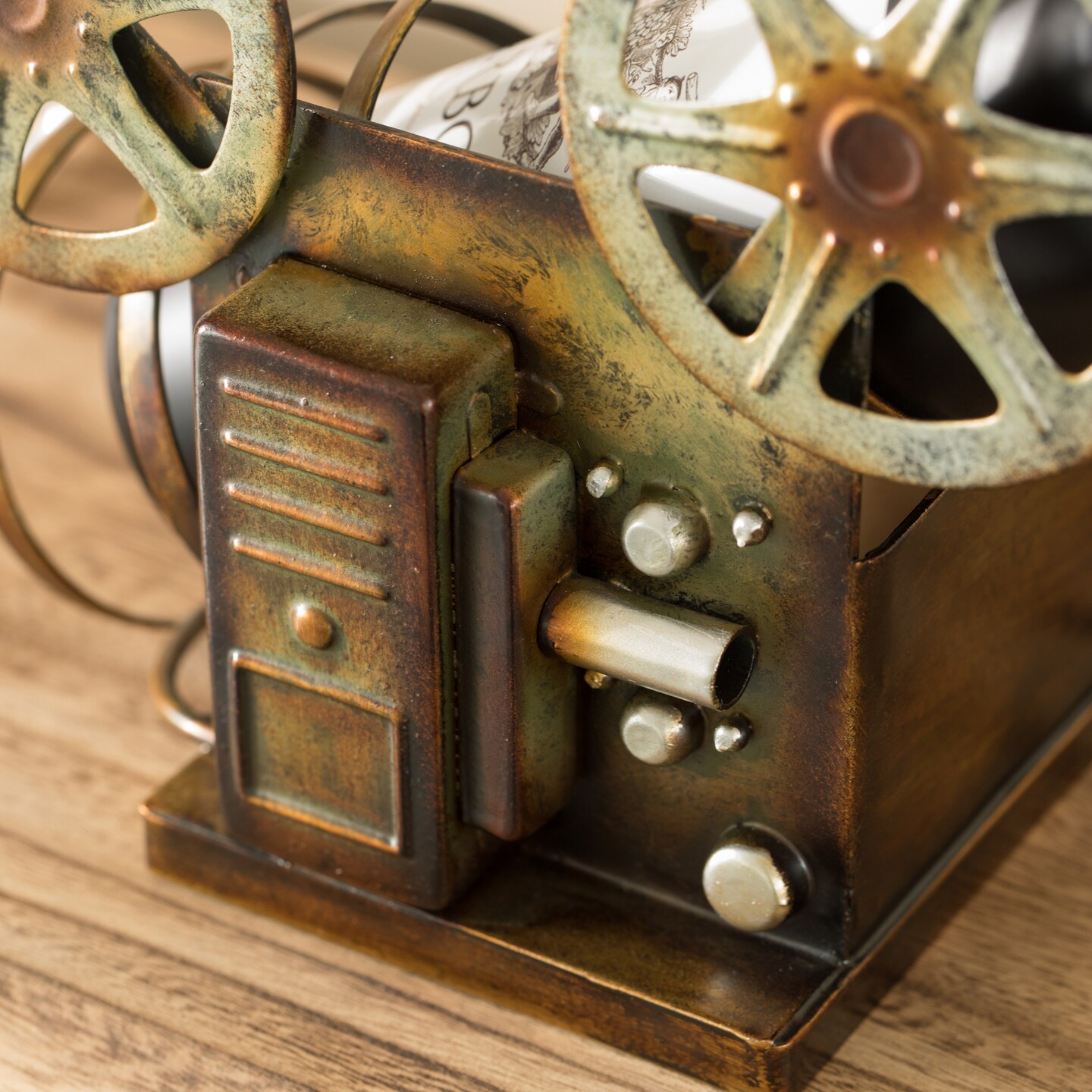 Decorative Bronze Metal Vintage Single Bottle Film Projector Wine Holder for Tabletop or Countertop