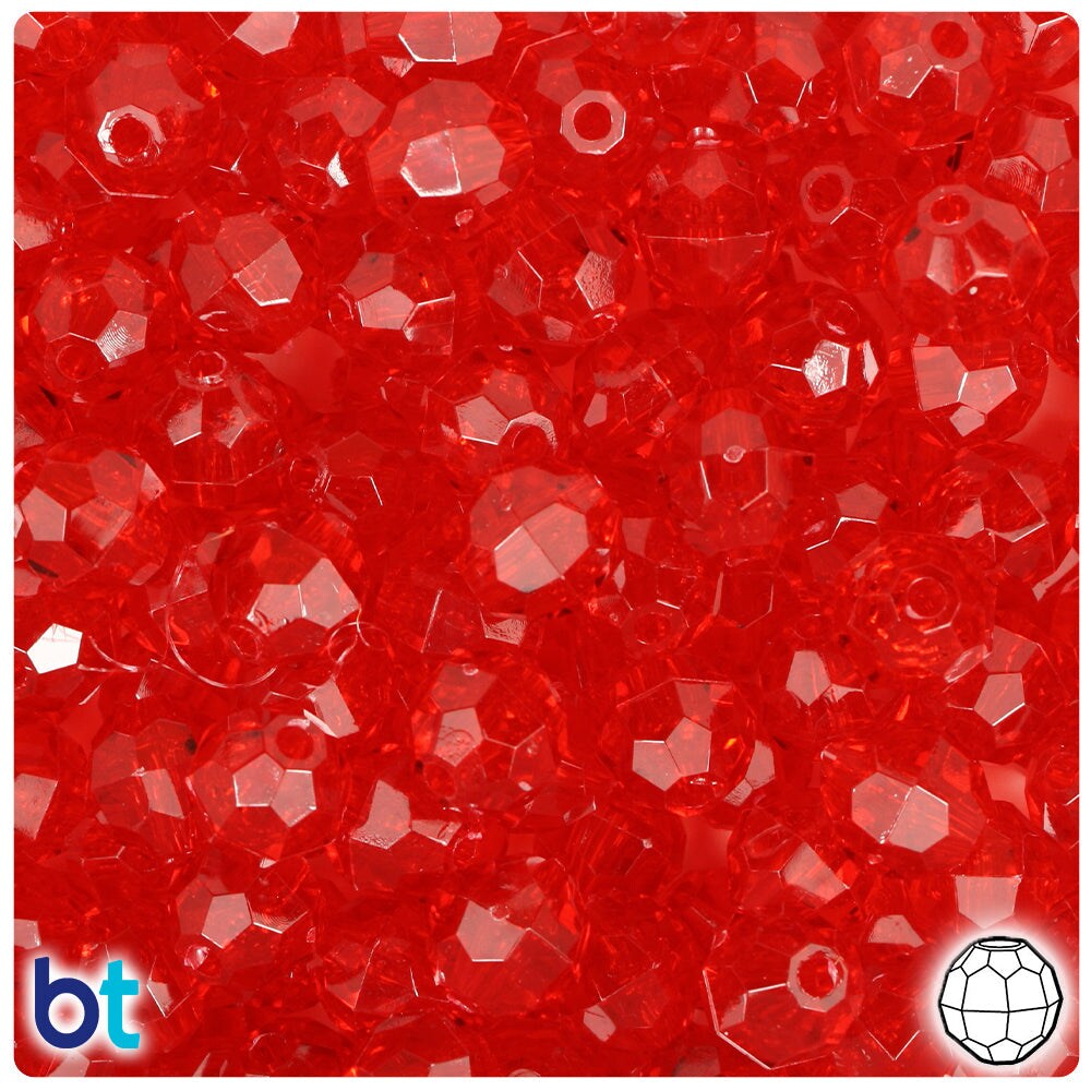 BeadTin Ruby Transparent 10mm Faceted Round Plastic Craft Beads (225pcs)