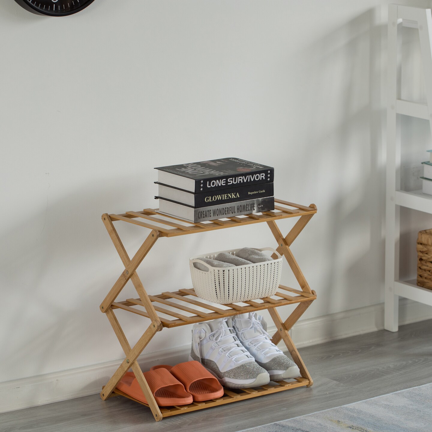Bamboo Foldable Shoe Rack, Free Standing Shoe Organizer Storage Rack