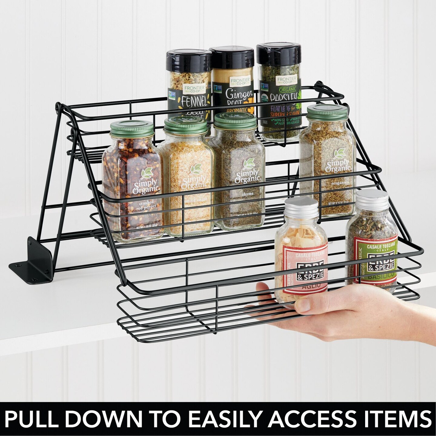 mDesign Metal 3 Tier Pull Down Spice Rack, Storage Shelf Organizer
