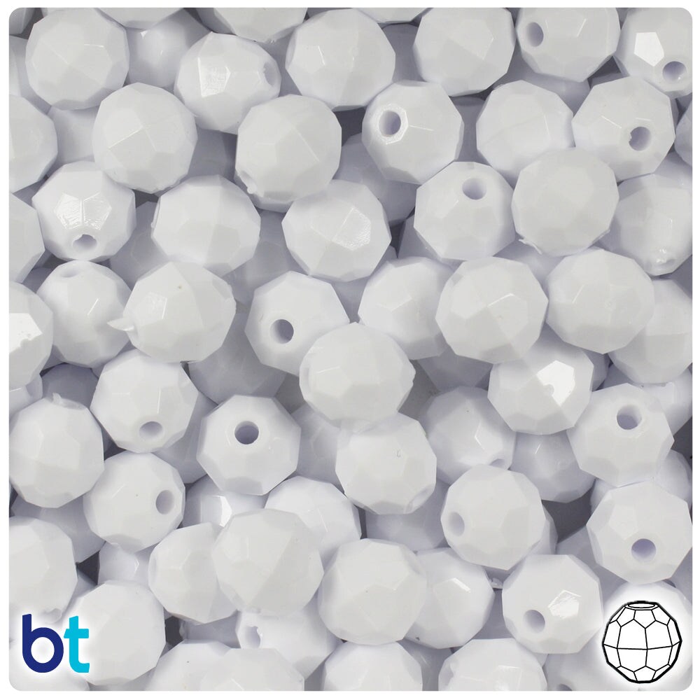 BeadTin White Opaque 10mm Faceted Round Plastic Craft Beads (225pcs)