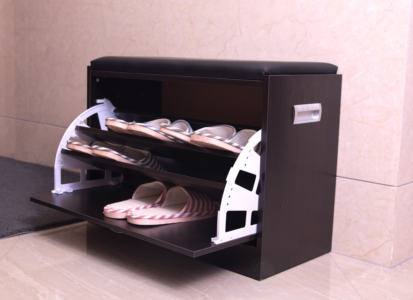 Black Wooden Fold-out Shoe Organizer - Shoe Storage Bench with Leather Cushion