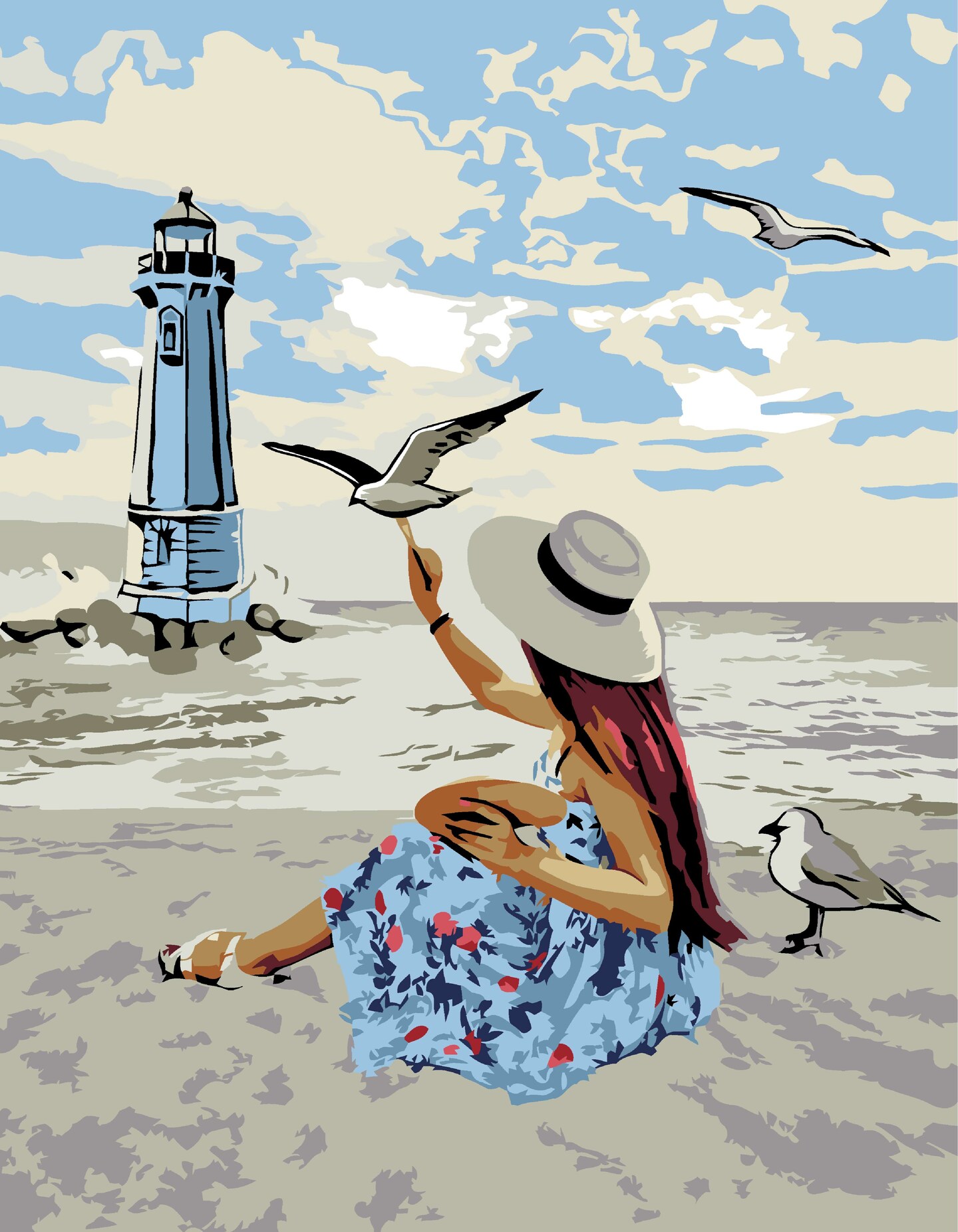 Artwille DIY Paint by Numbers for Adults and Kids, Acrylic Painting Kit - &#x22;Girl and Gulls&#x22;, 13.8 x 17.7 in