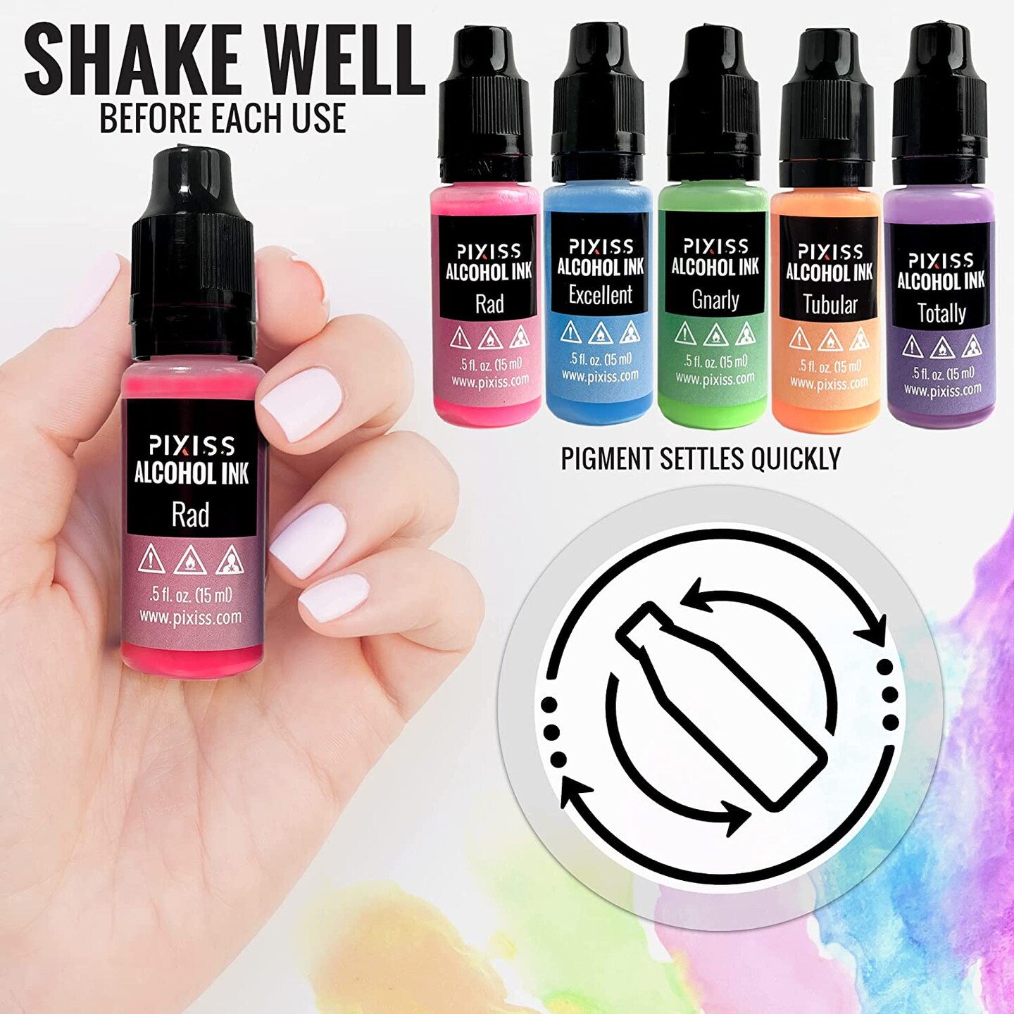 Pixiss Glow In The Dark Alcohol Inks Set, 5 Highly Saturated Glow In The Dark Inks