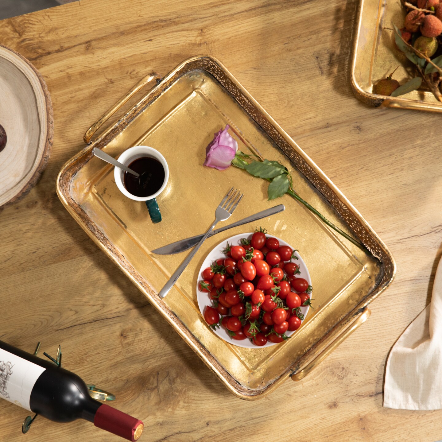 Metal Gold Rectangular Serving Tray with Oval Design and Handles