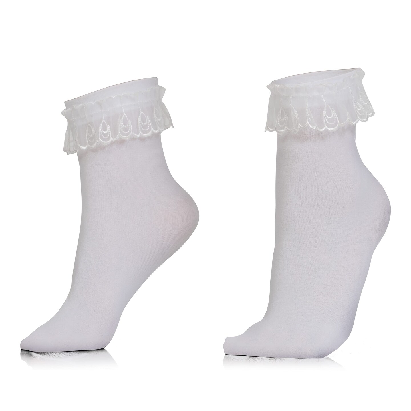 White Ruffled Anklet Socks - Frilly White Opaque Lace Ruffles Top