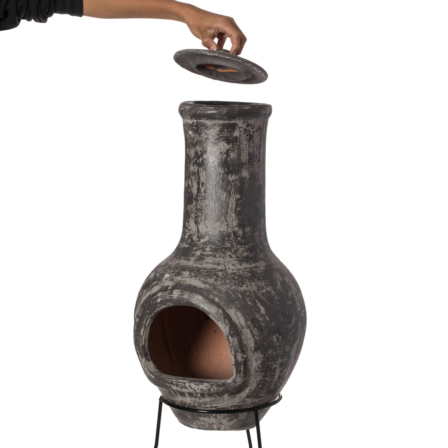 Gray Outdoor Clay Chiminea Outdoor Fireplace Stoney Scribbled Design Charcoal Burning Fire Pit with Sturdy Metal Stand, Barbecue, Cocktail Party, Family Gathering, Cozy Nights Fire Pit