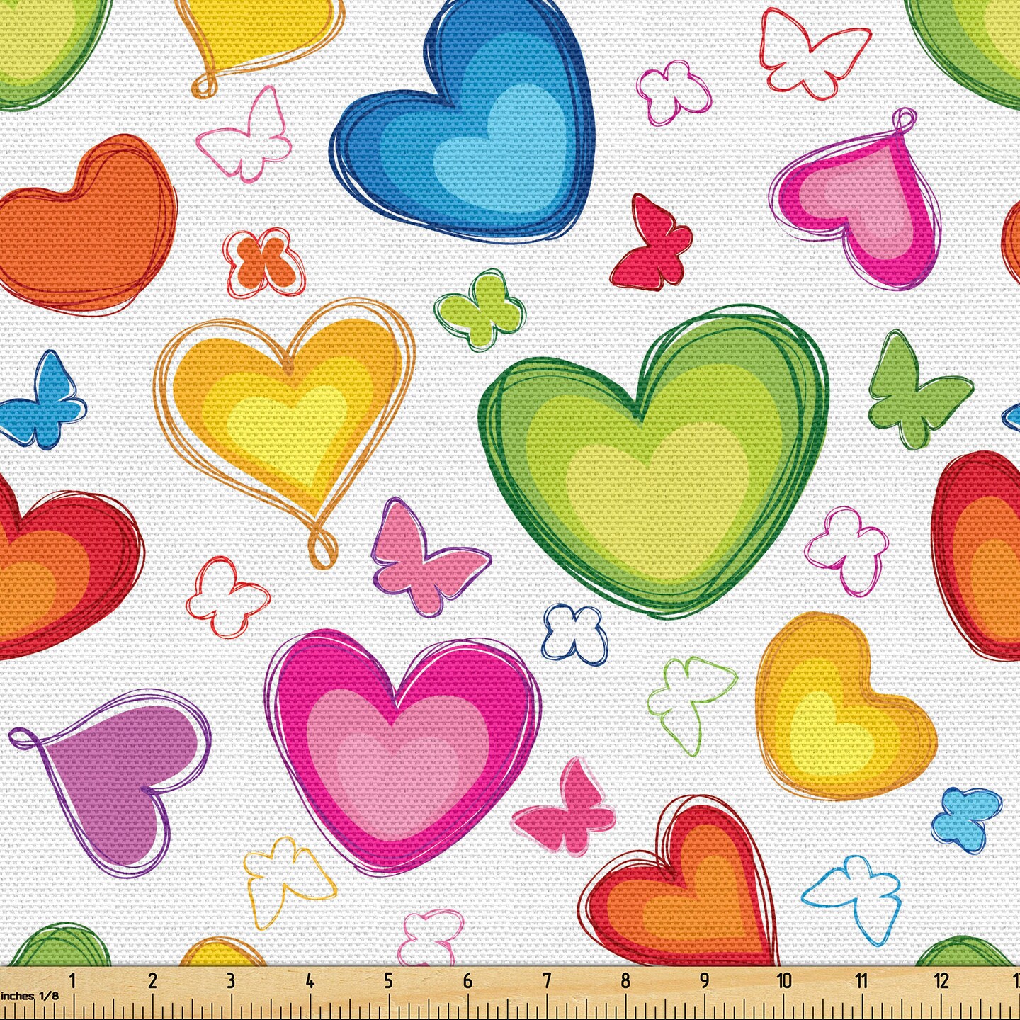 Ambesonne Love Fabric by The Yard, Colorful Hearts and Butterflies Silhouettes Doodle Style Happy Valentines Day Pattern, Decorative Fabric for Upholstery and Home Accents, 3 Yards, Green Red