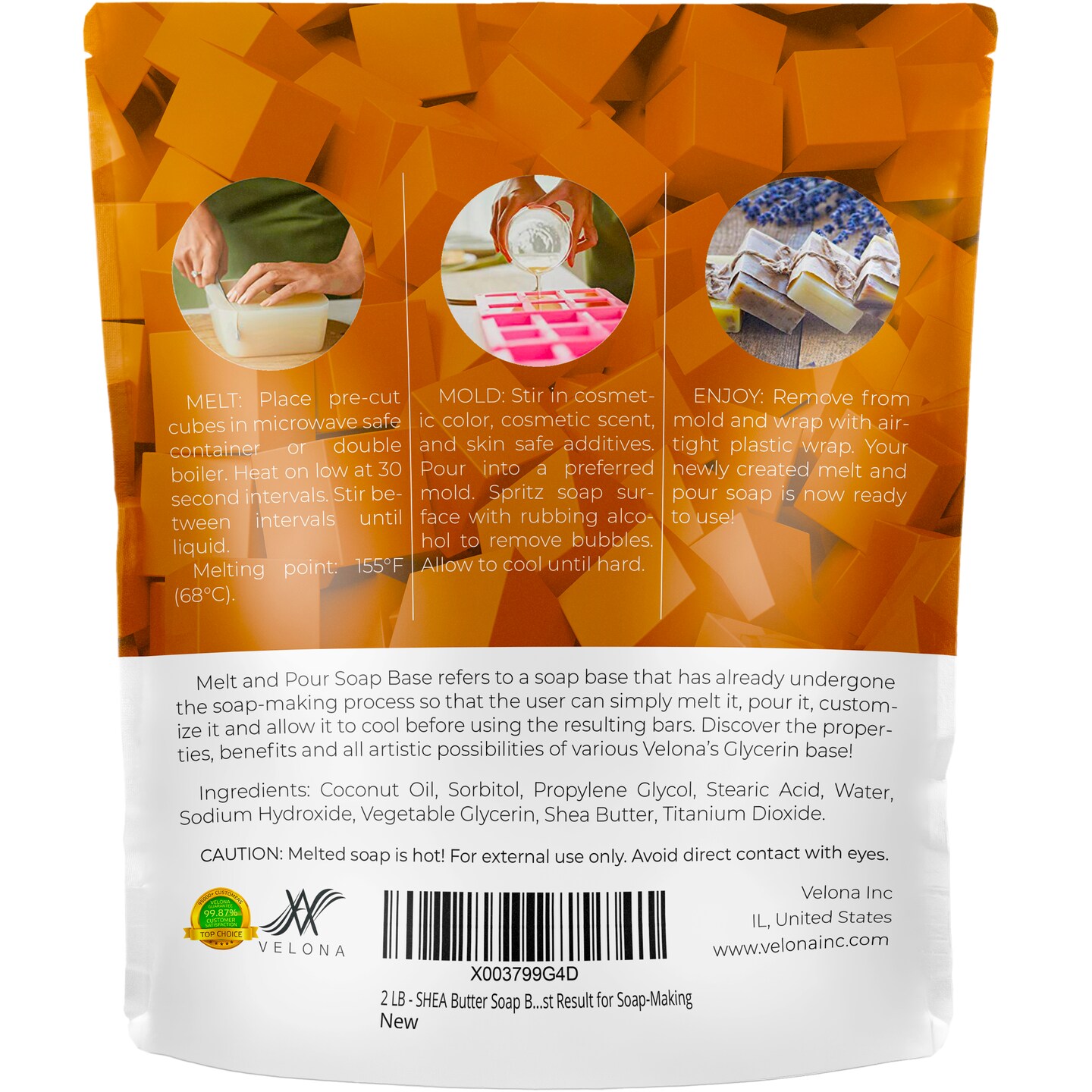 2 LB - Shea Butter Soap Base by Velona | Pre-Cut Cubes | SLS/SLES Free | Glycerin Melt and Pour | Natural Bars for The Best Result for Soap-Making