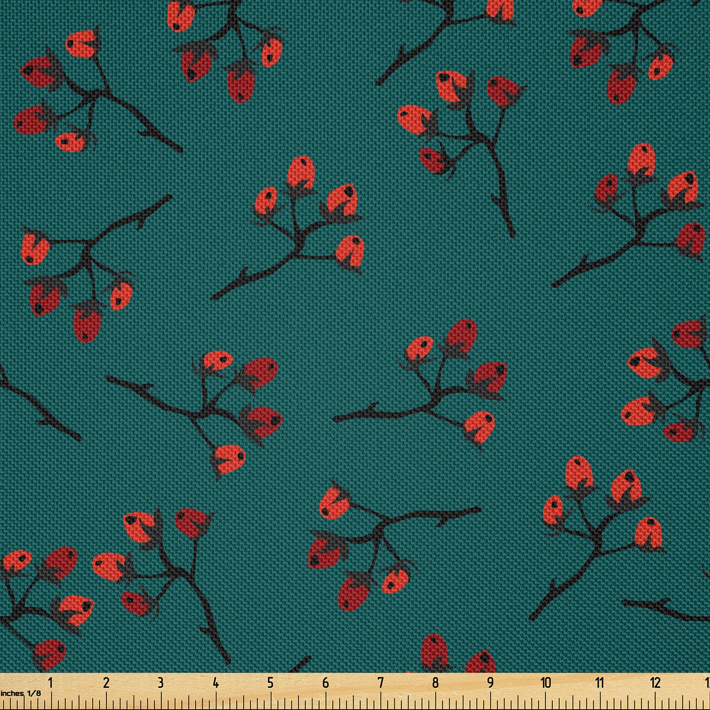 Ambesonne Teal Fabric by The Yard, Whimsical Modern Style Berry Christmas Pattern Hand Drawn Rustic Traditional, Decorative Satin Fabric for Home Textiles and Crafts, 2 Yards, Teal Ruby Vermilion