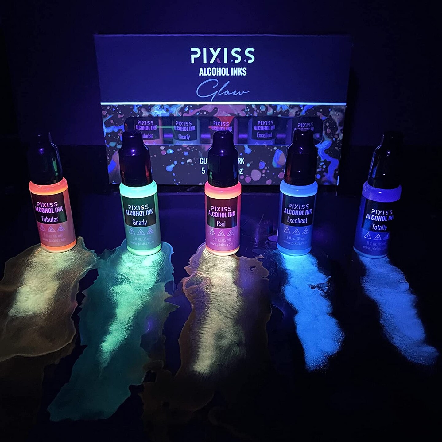Pixiss Glow In The Dark Alcohol Inks Set, 5 Highly Saturated Glow In The Dark Inks