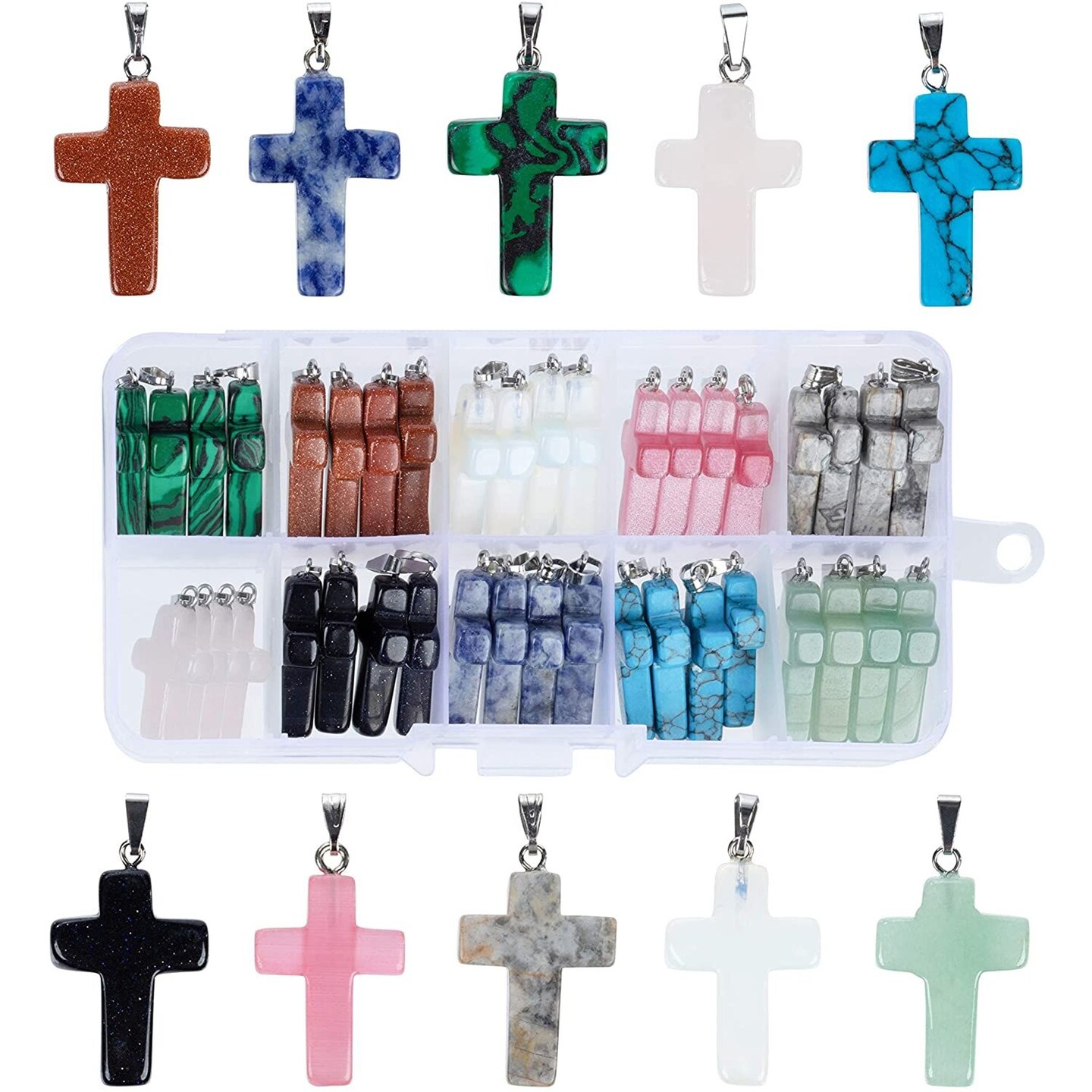 40 Piece Cross Charms for Jewelry Making, Bracelets, with Bail, Storage Case, Natural Gemstone Pendants for Necklaces, DIY Crafts, Keychains (10 Colors)