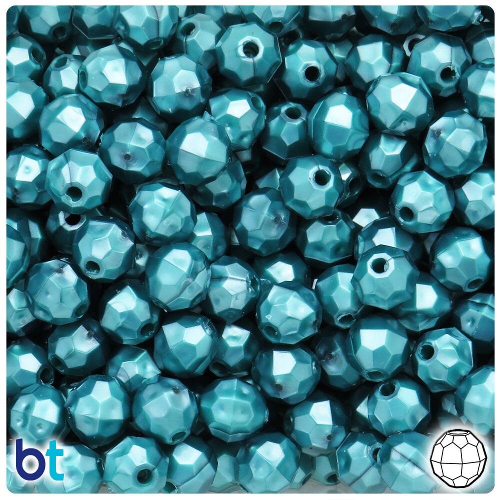 BeadTin Teal Pearl 10mm Faceted Round Plastic Craft Beads (225pcs)